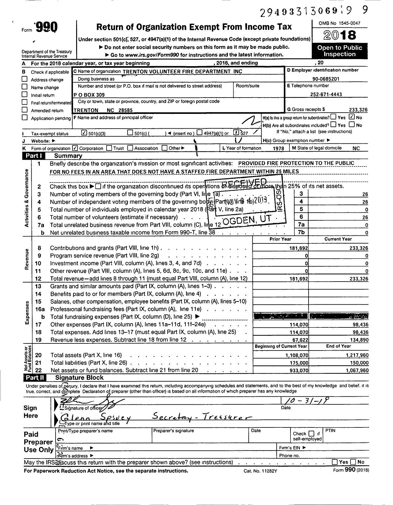 Image of first page of 2018 Form 990 for Trenton Volunteer Fire Department