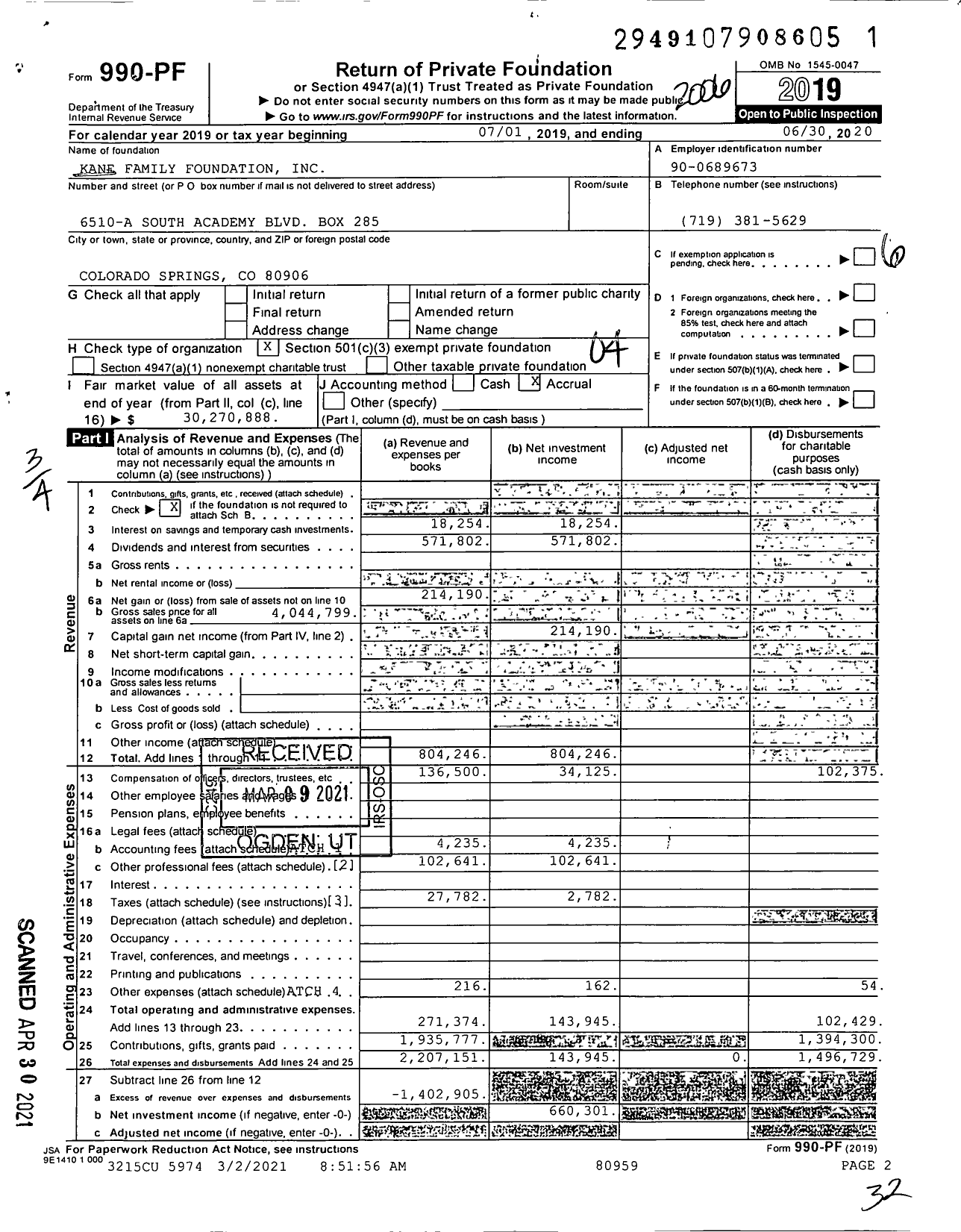 Image of first page of 2019 Form 990PF for Kane Family Foundation