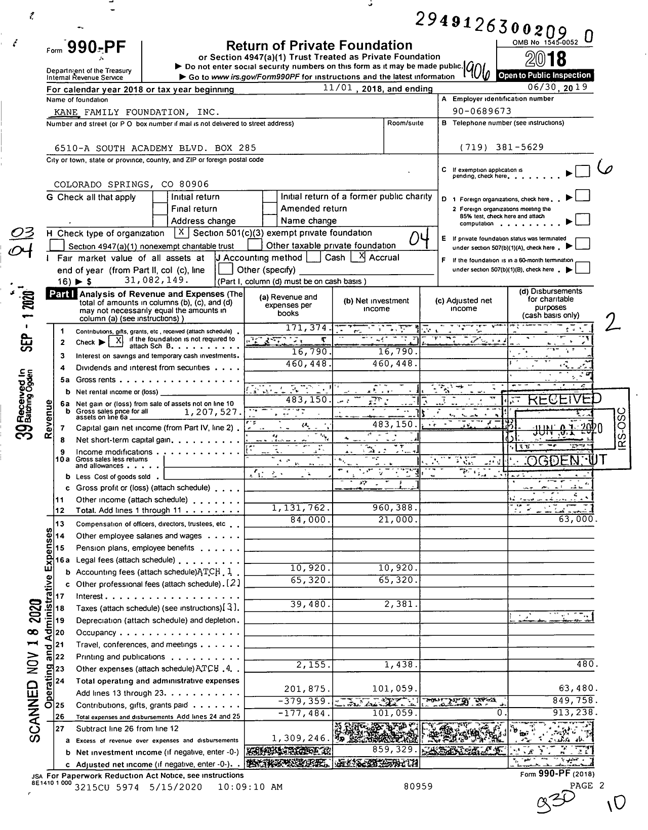 Image of first page of 2018 Form 990PF for Kane Family Foundation