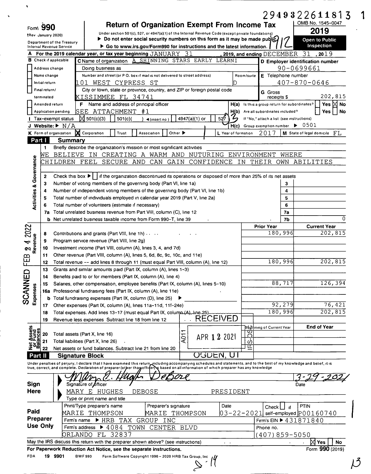 Image of first page of 2019 Form 990 for A Shining Stars Early Learniing Center