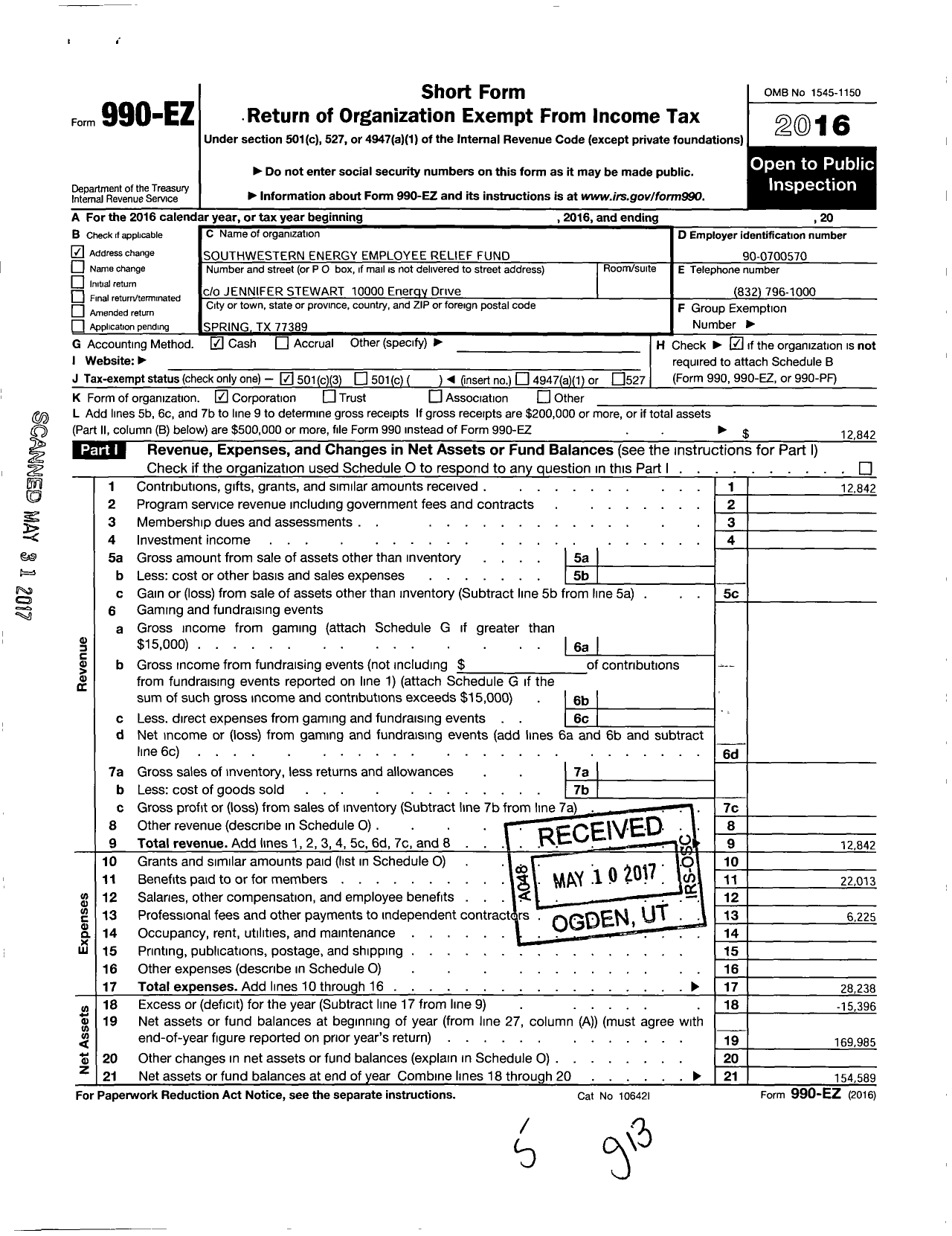 Image of first page of 2016 Form 990EZ for Southwestern Energy Employee Relief Fund