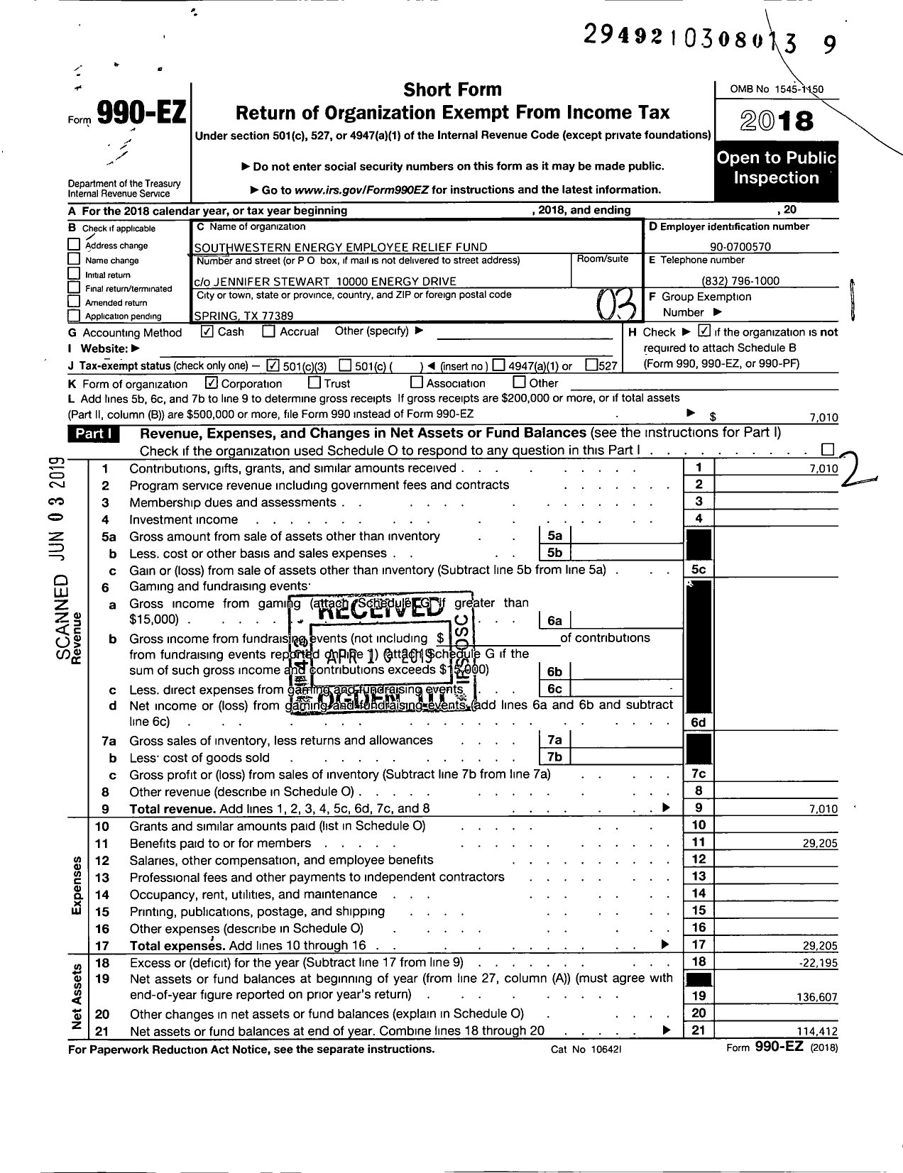 Image of first page of 2018 Form 990EZ for Southwestern Energy Employee Relief Fund