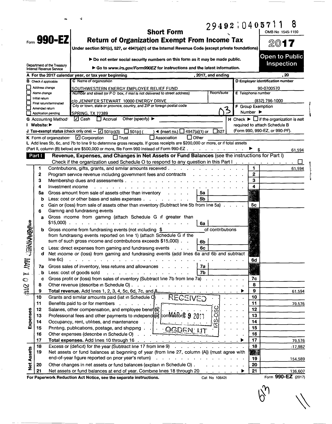 Image of first page of 2017 Form 990EZ for Southwestern Energy Employee Relief Fund