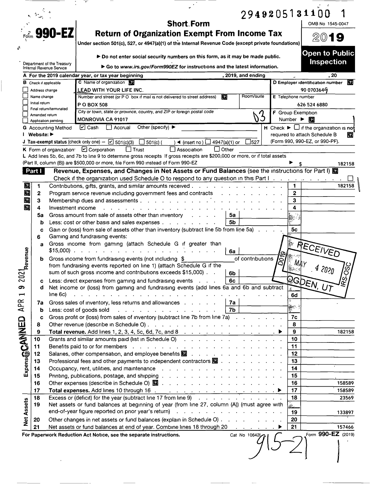 Image of first page of 2019 Form 990EZ for Lead with Your Life