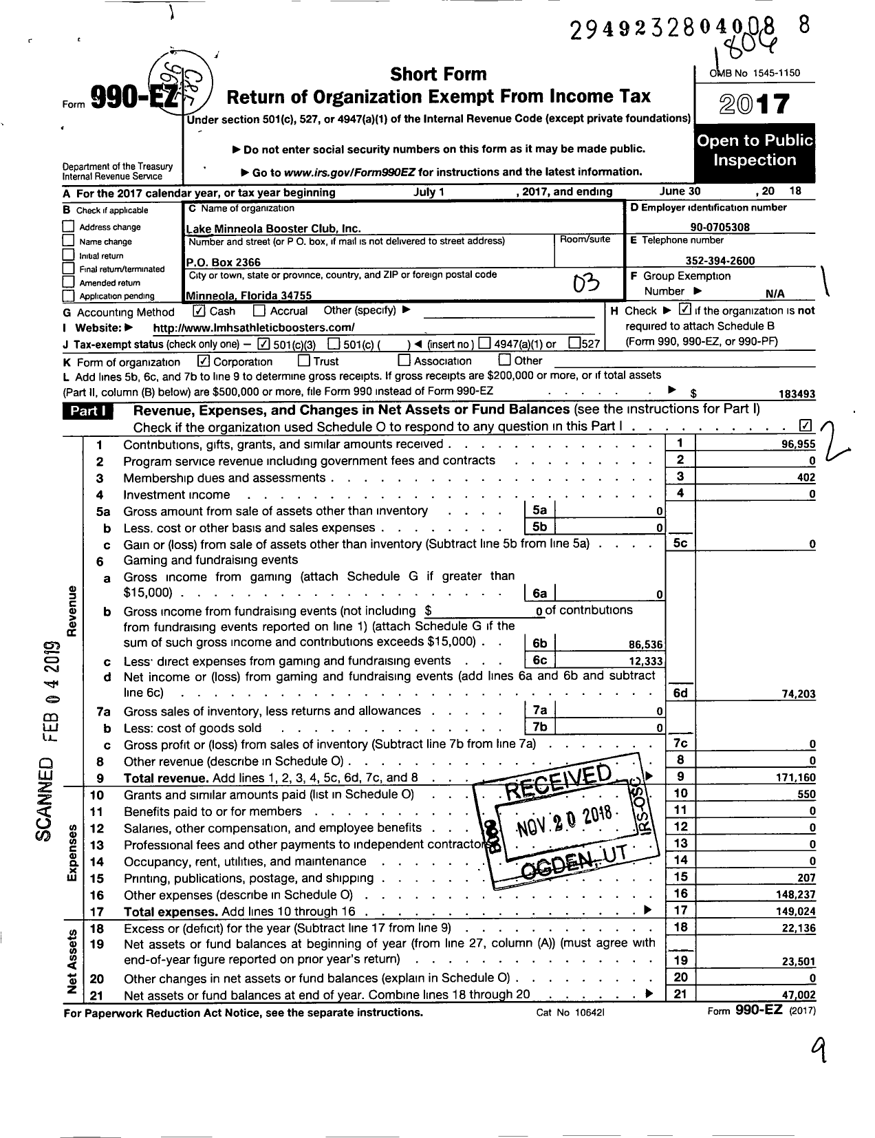 Image of first page of 2017 Form 990EZ for Lake Minneola Athletic Booster Club