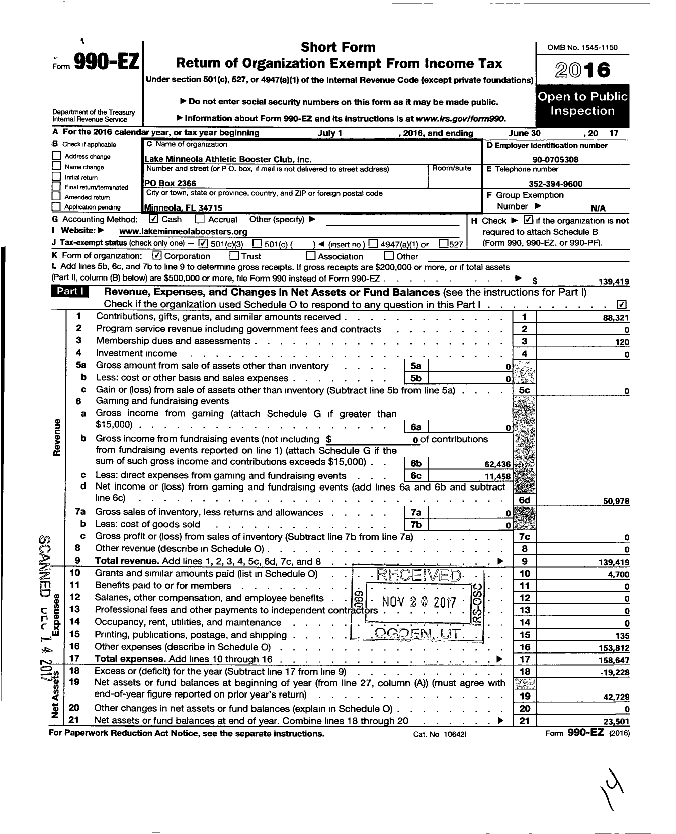Image of first page of 2016 Form 990EZ for Lake Minneola Athletic Booster Club