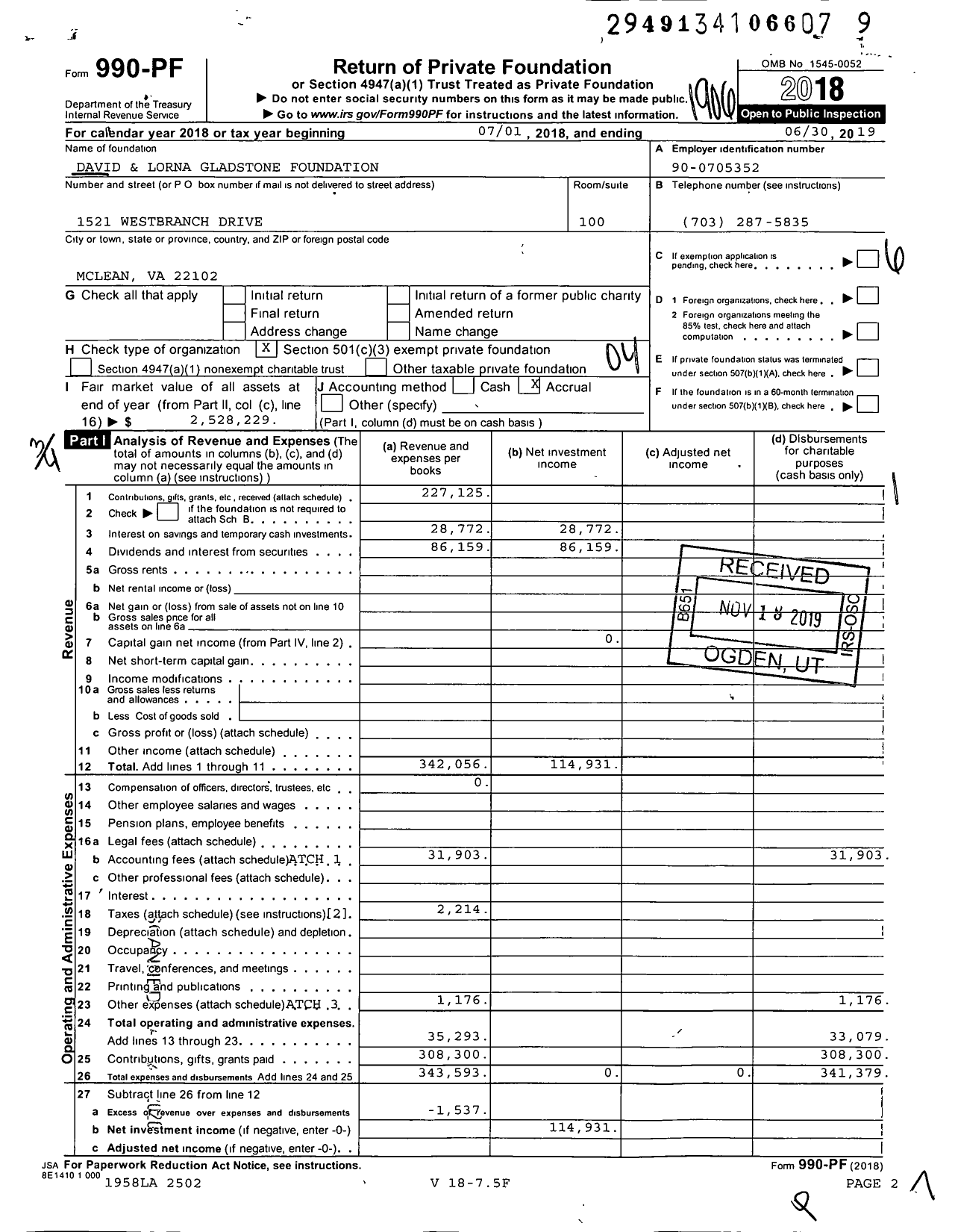 Image of first page of 2018 Form 990PF for David and Lorna Gladstone Foundation