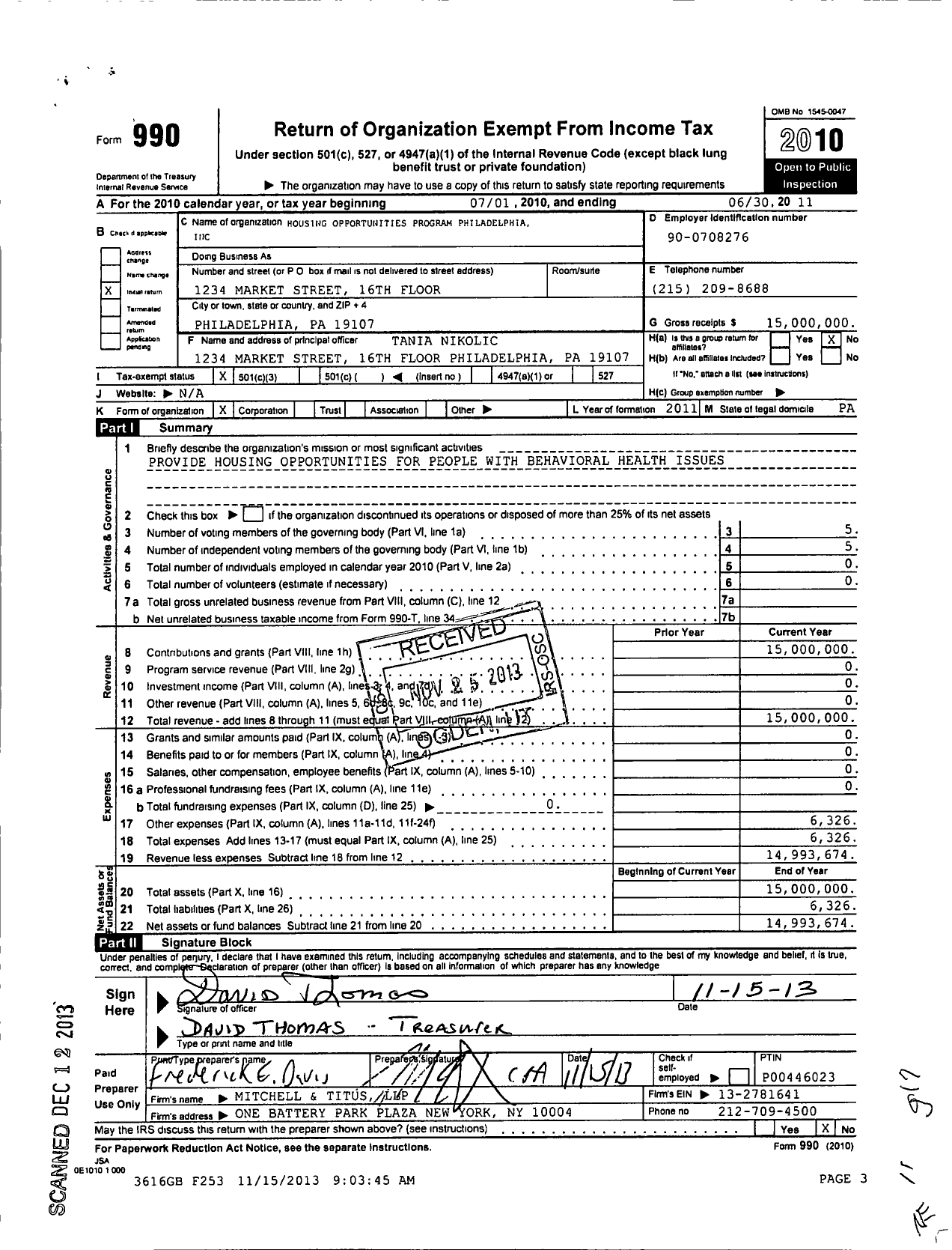 Image of first page of 2010 Form 990 for Housing Opportunities Program Philadelphia