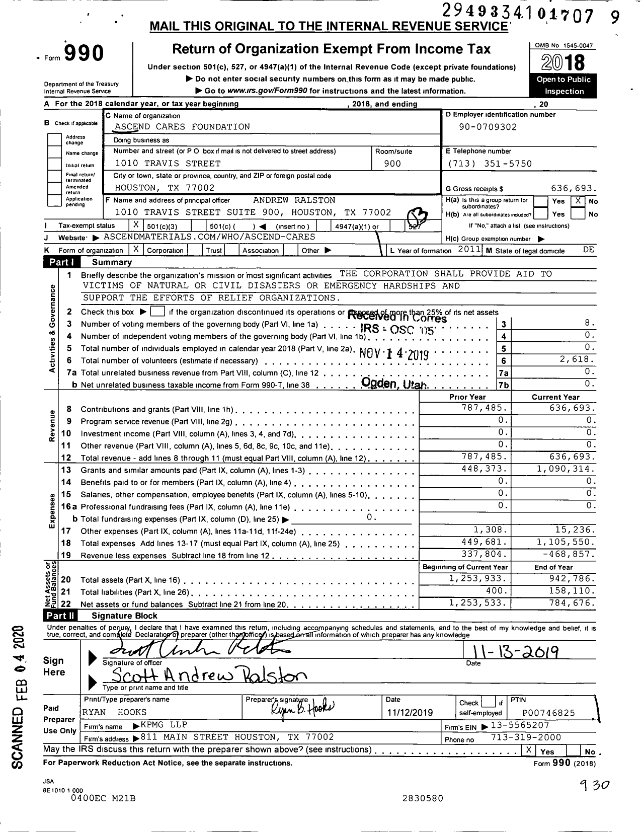 Image of first page of 2018 Form 990 for Ascend Cares Foundation