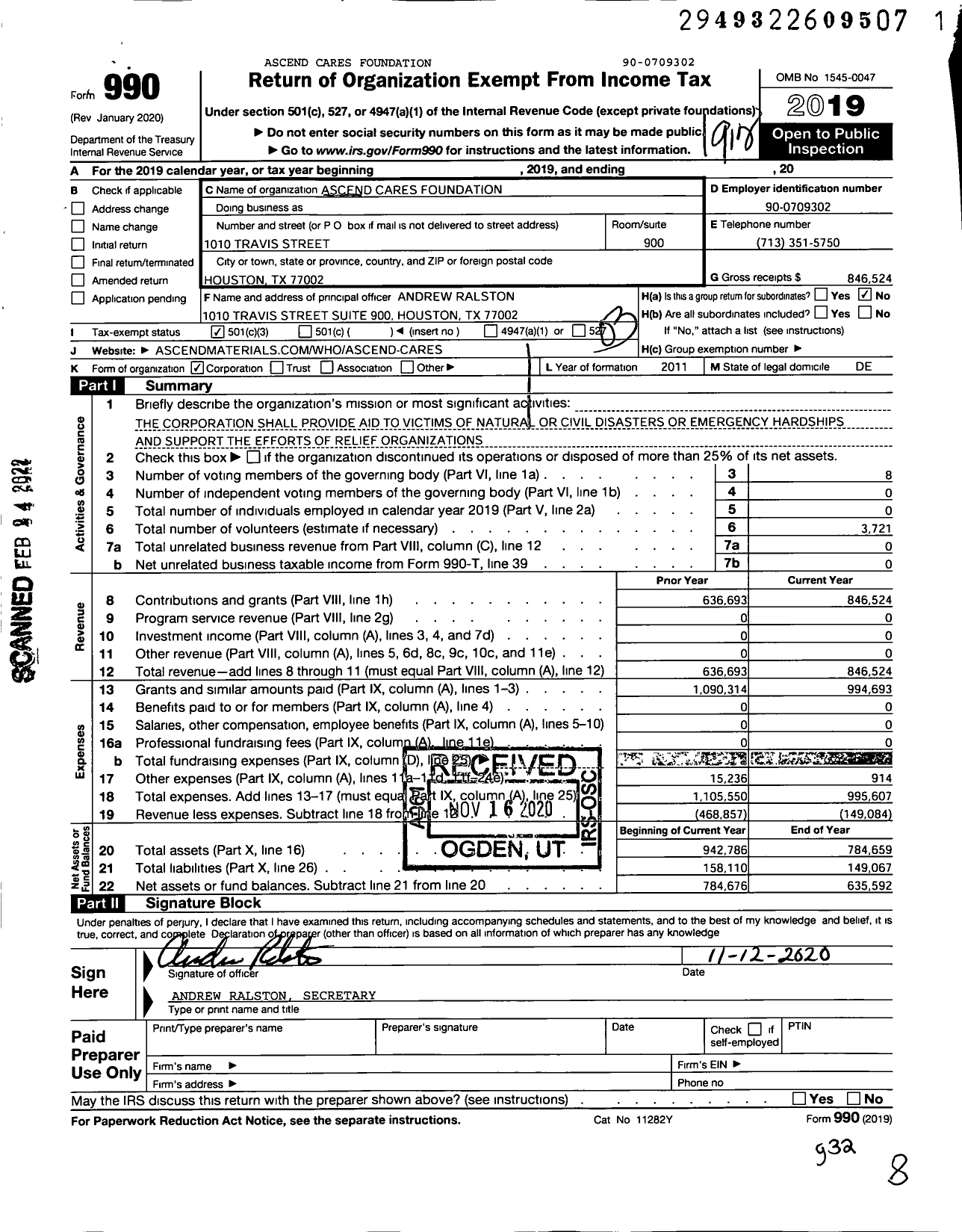 Image of first page of 2019 Form 990 for Ascend Cares Foundation