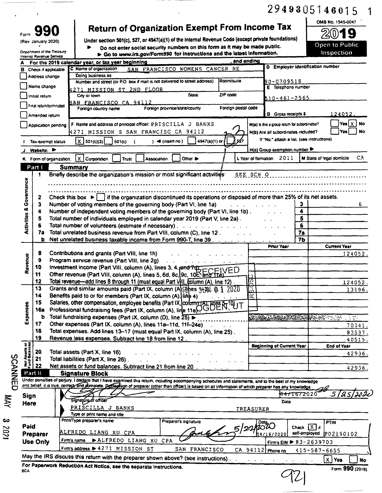 Image of first page of 2019 Form 990 for San Francisco Womens Cancer Ne (SFWCN)