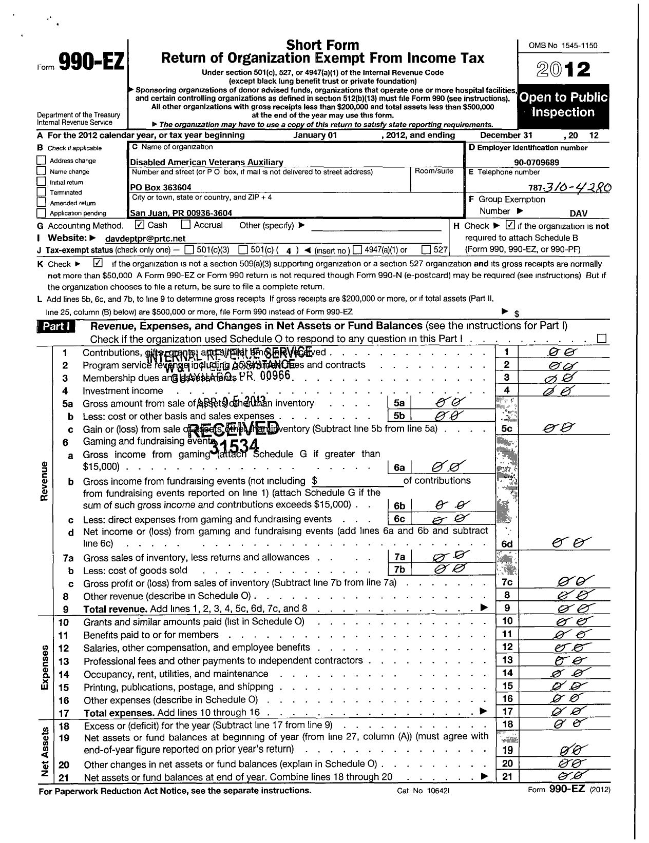 Image of first page of 2012 Form 990EO for Disabled American Veterans Auxiliary - Department of Puerto Rico
