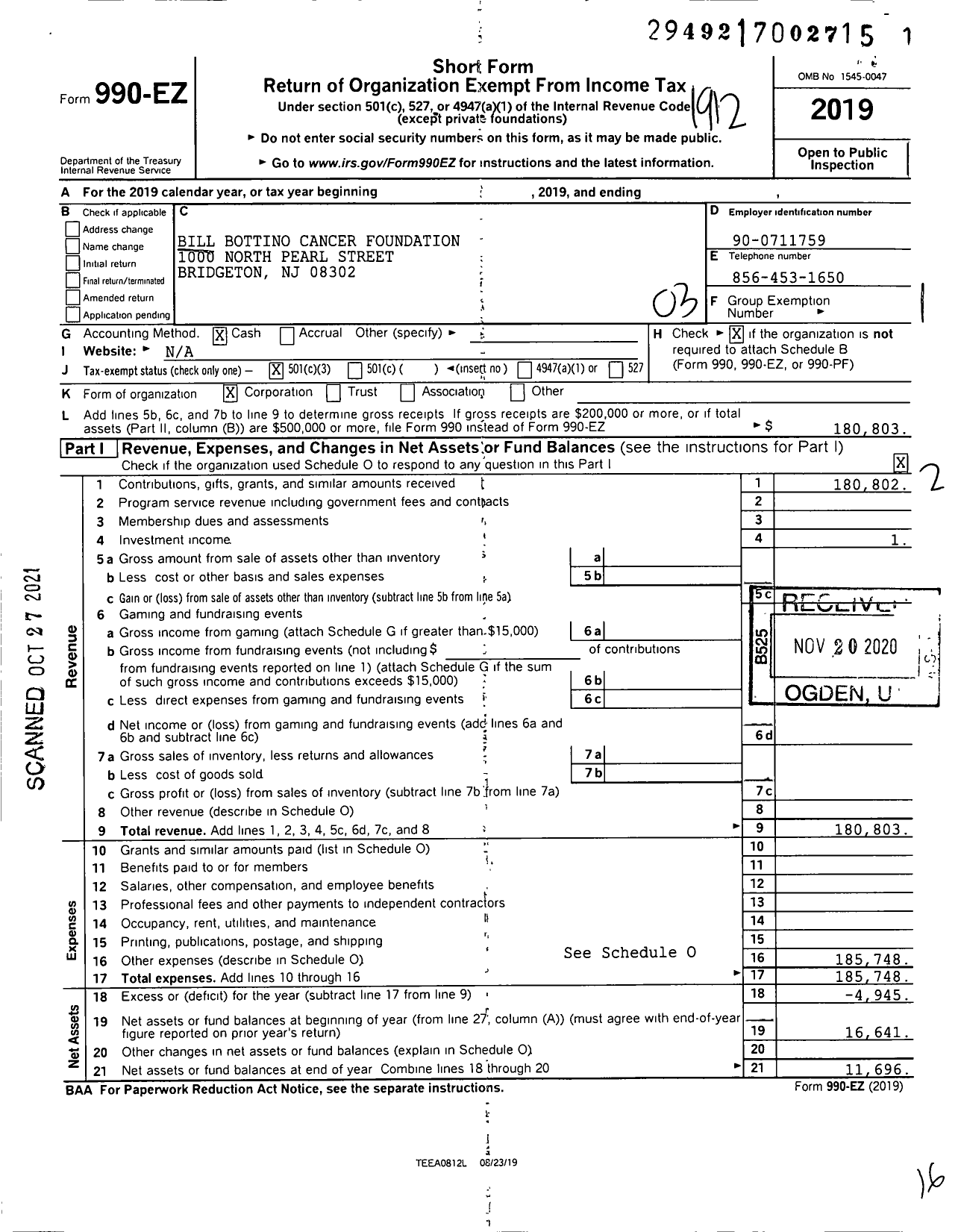 Image of first page of 2019 Form 990EZ for Bill Bottino Cancer Foundation