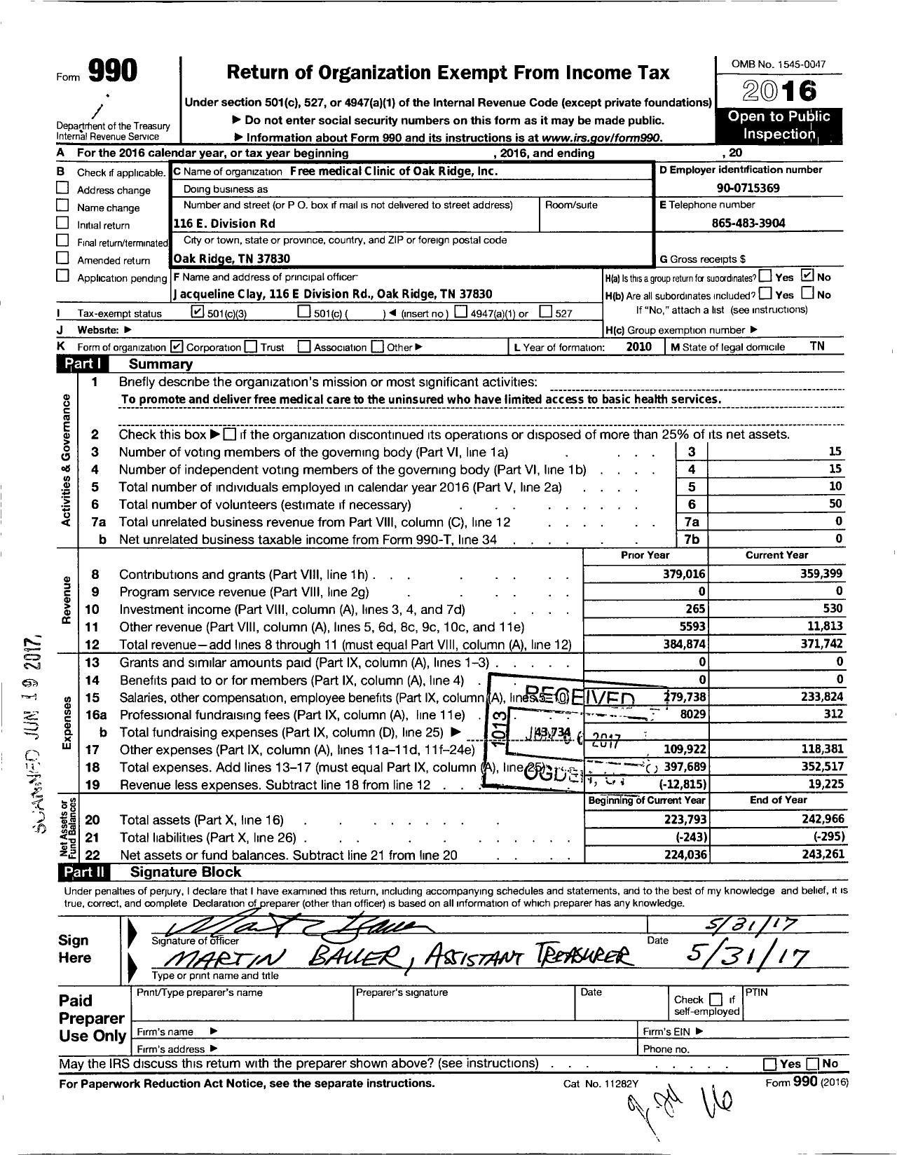 Image of first page of 2016 Form 990 for Free Medical Clinic of Oak Ridge