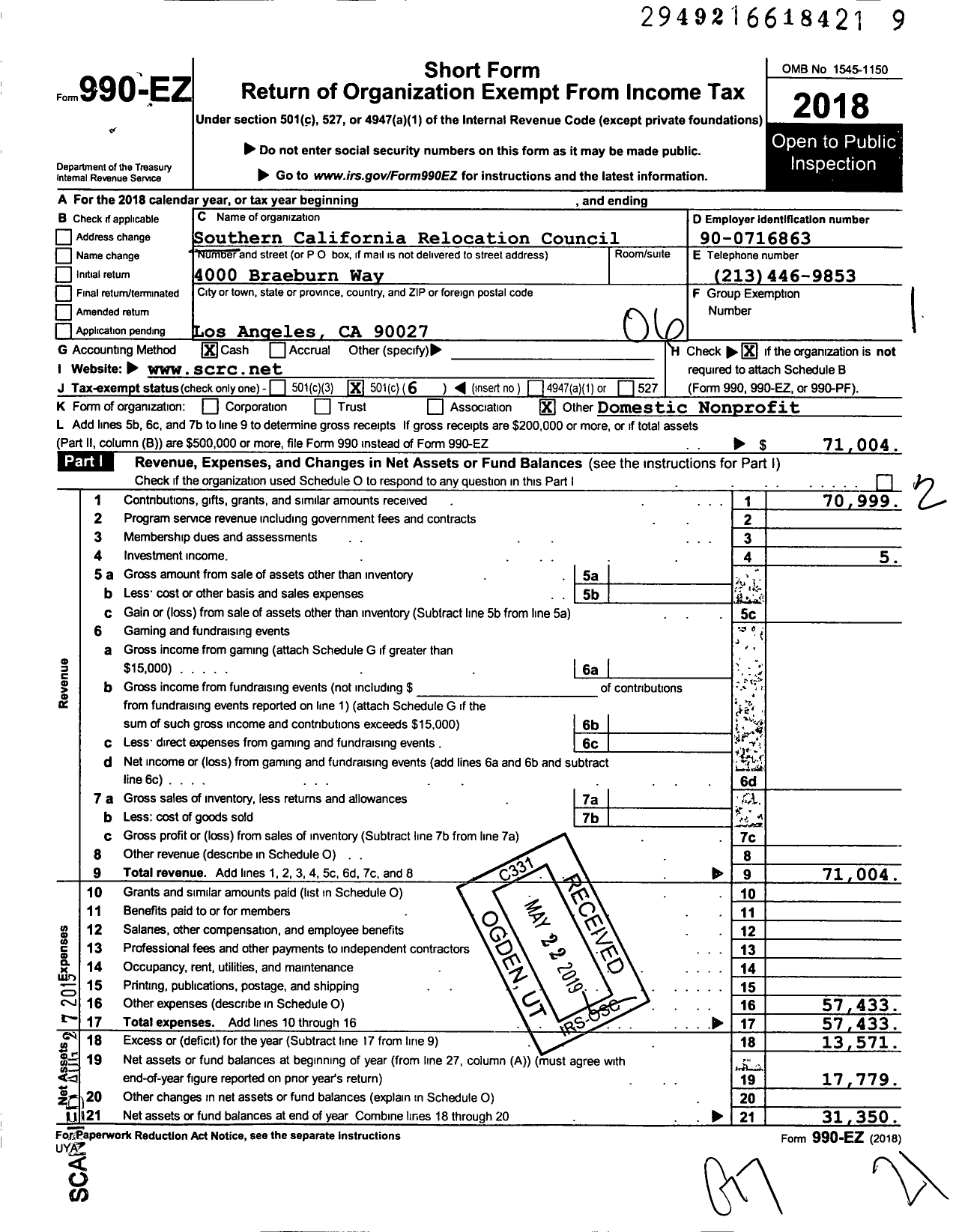 Image of first page of 2018 Form 990EO for Southern California Relocation Council