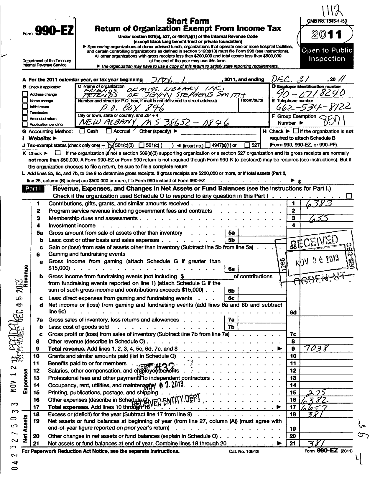 Image of first page of 2011 Form 990EZ for Friends of Mississippi Library / Friends of the Jenny Stephens Smith