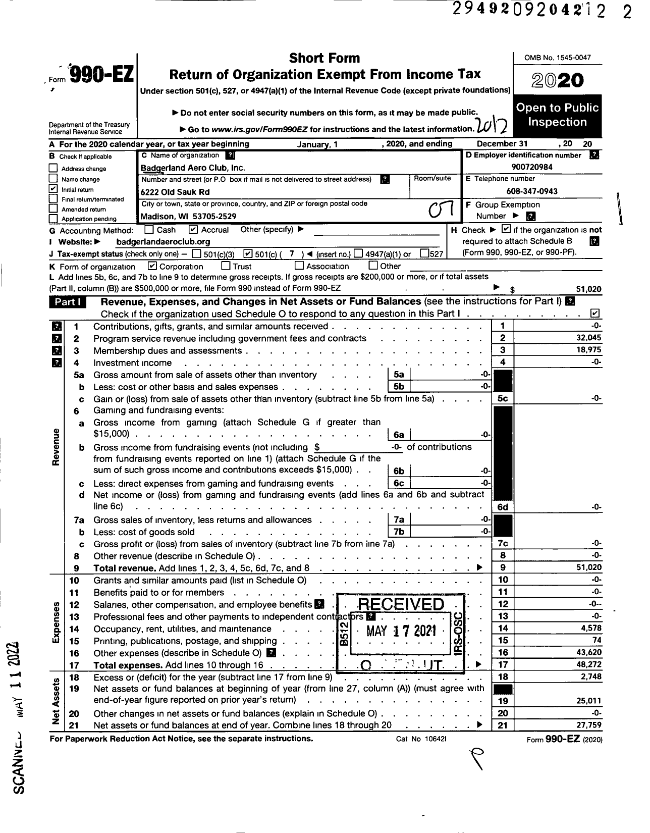 Image of first page of 2020 Form 990EO for Badgerland Aero Club