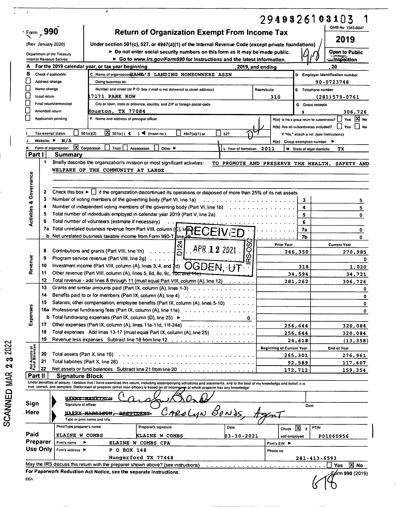 Image of first page of 2019 Form 990O for Hawks Landing Homeowners Assn