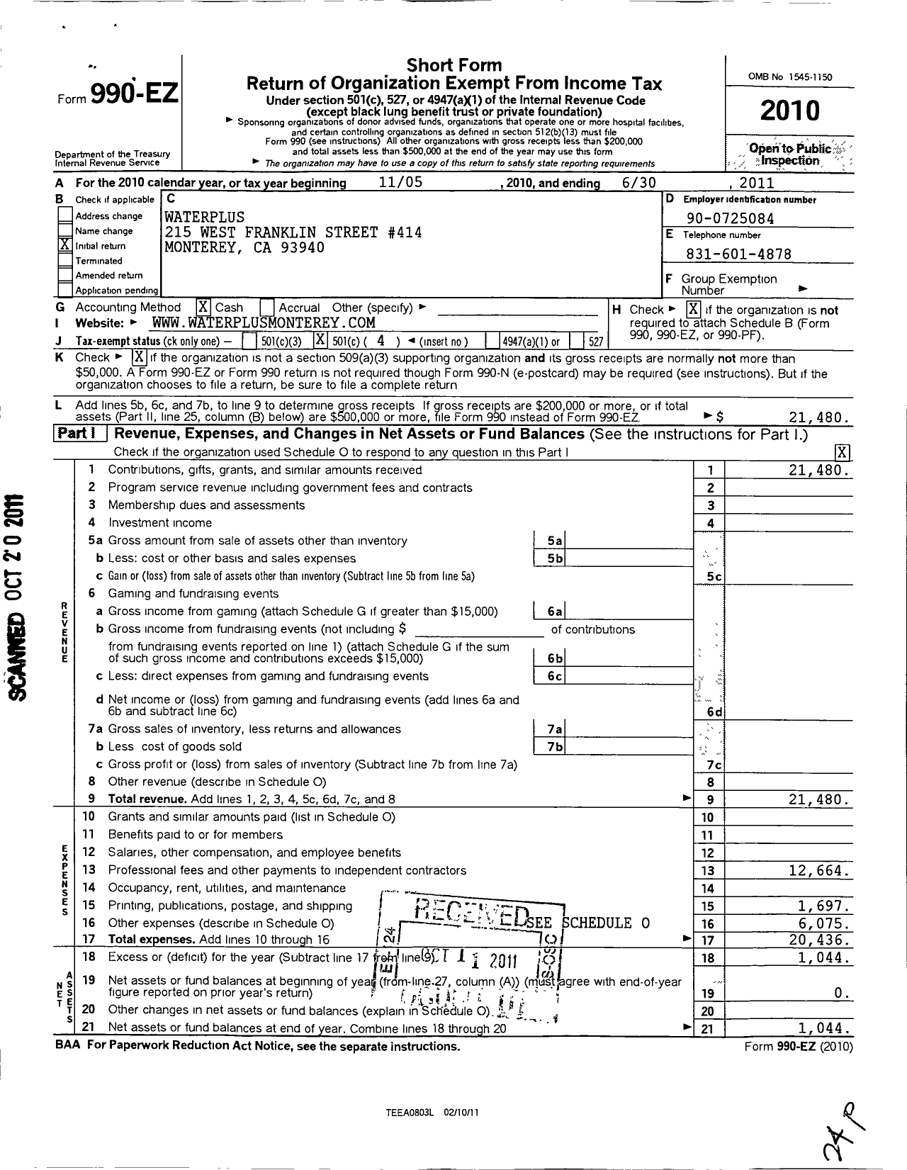 Image of first page of 2010 Form 990EO for Waterplus