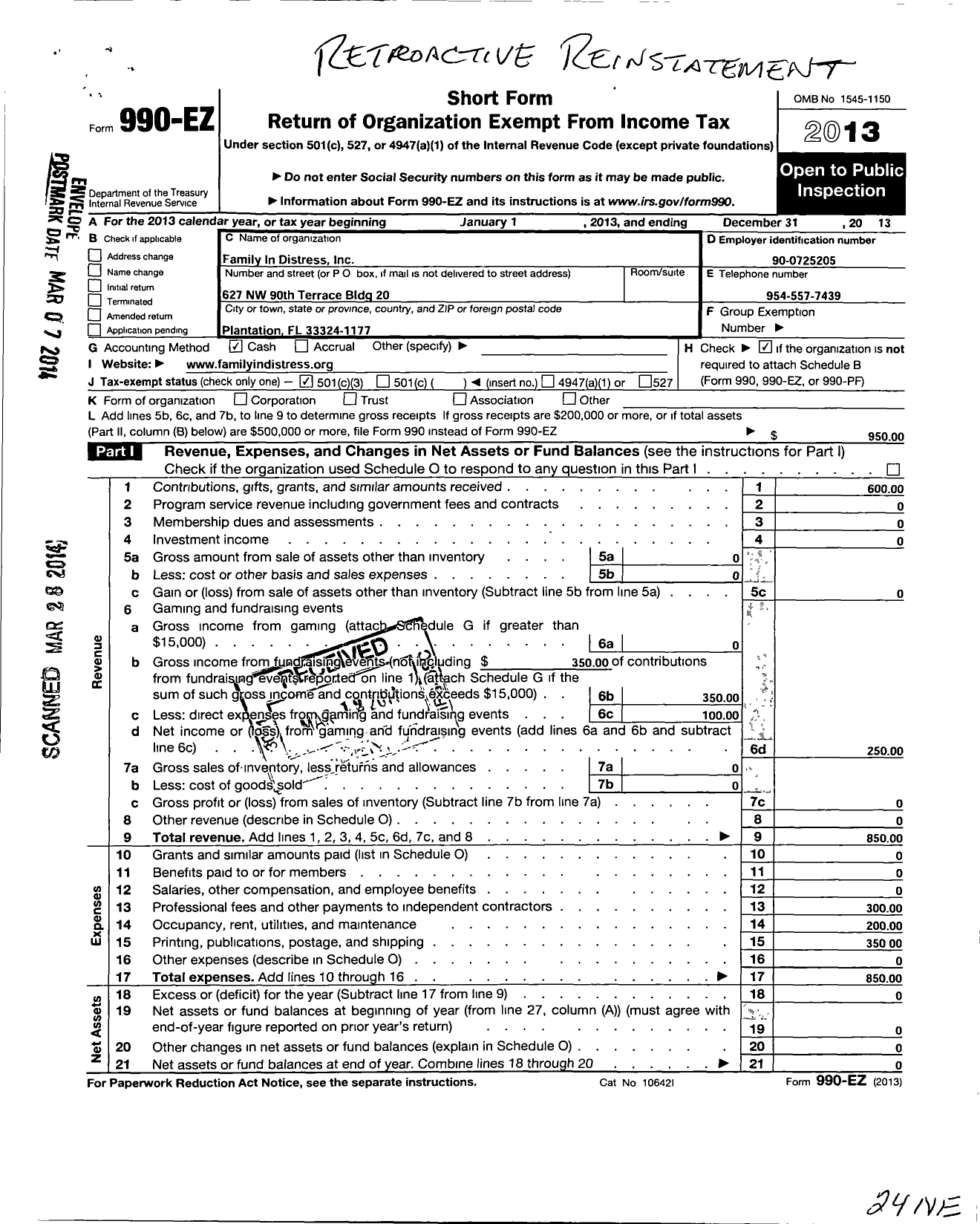 Image of first page of 2013 Form 990EZ for Family in Distress (FID)