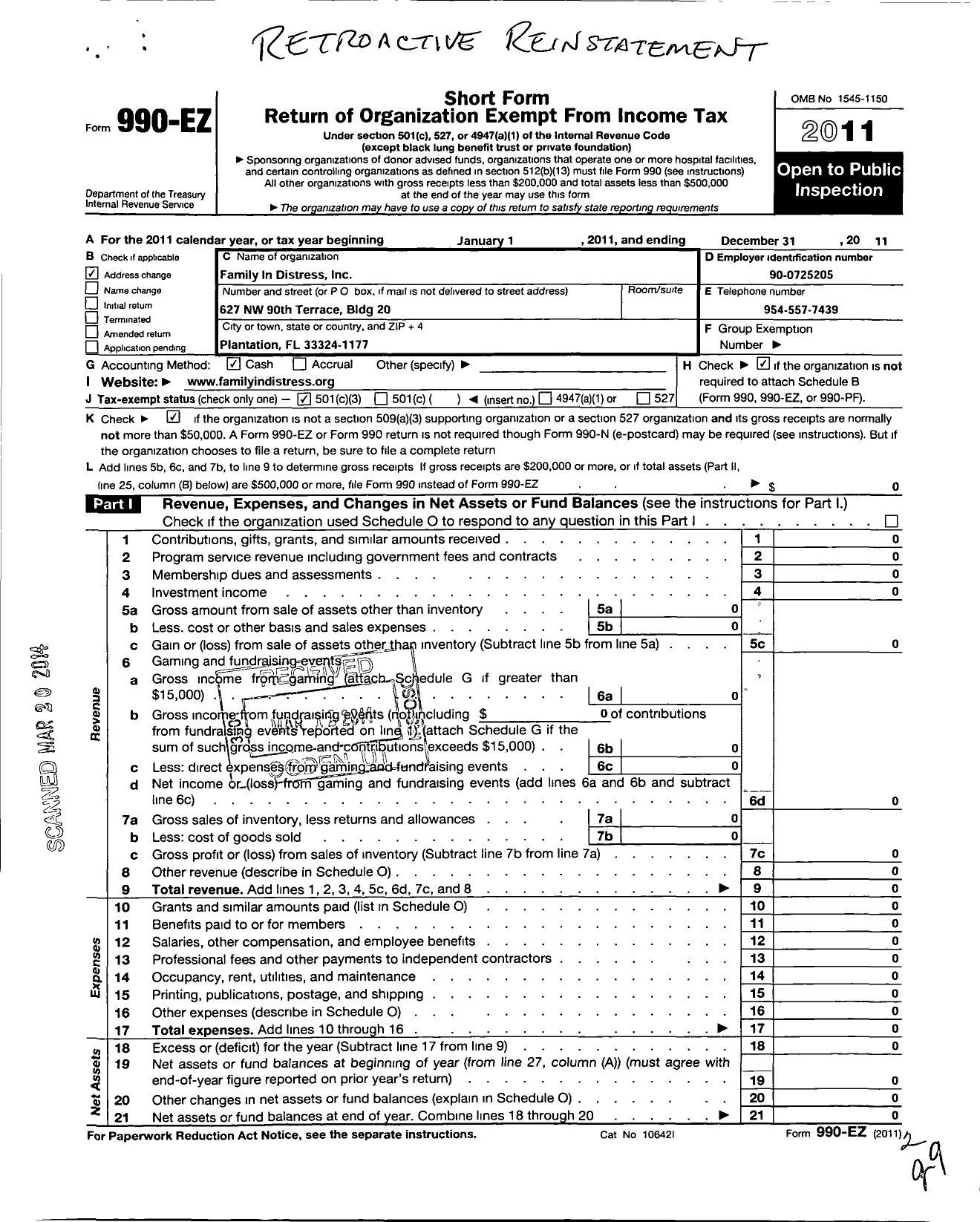 Image of first page of 2011 Form 990EZ for Family in Distress (FID)