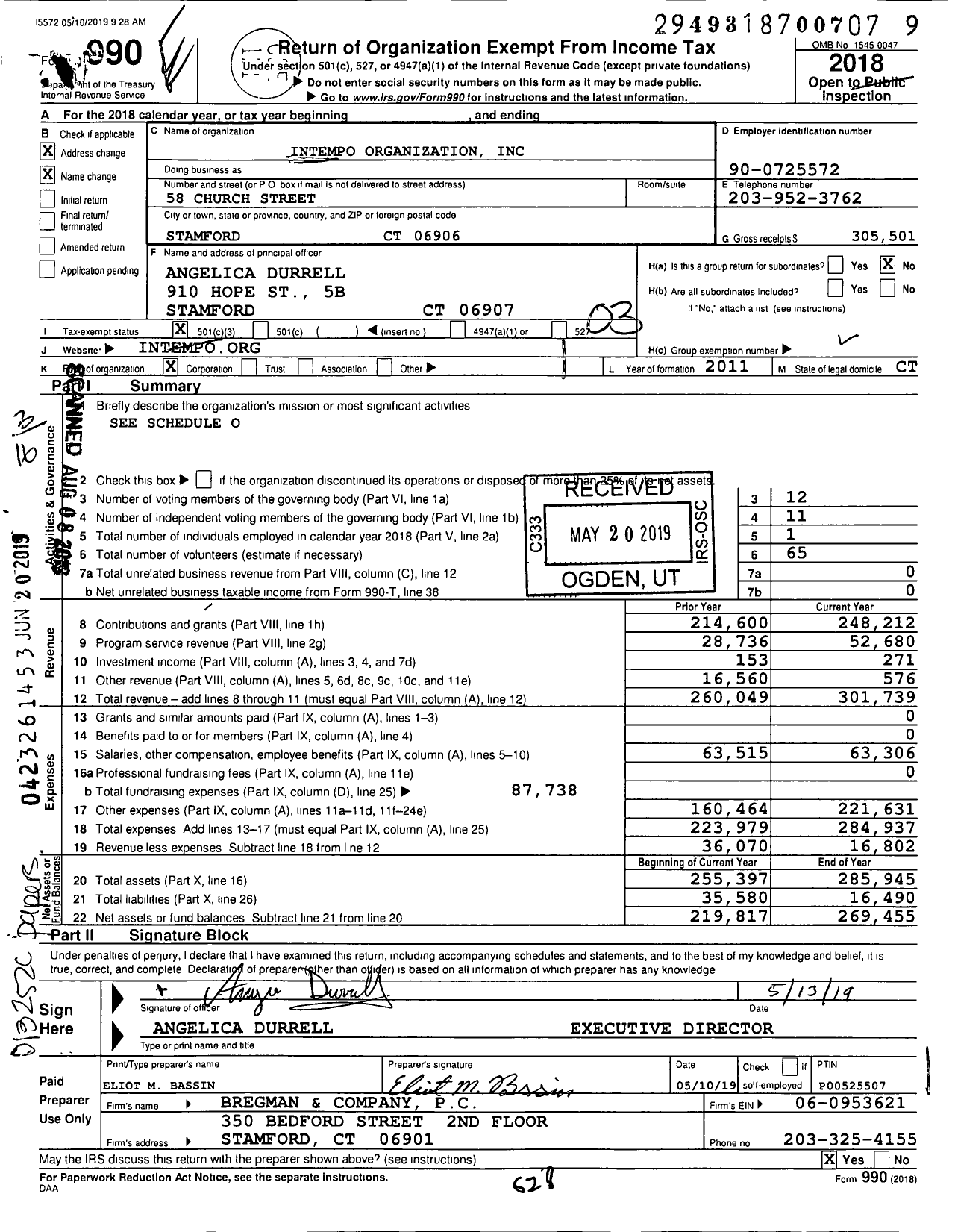 Image of first page of 2018 Form 990 for Intempo Organization