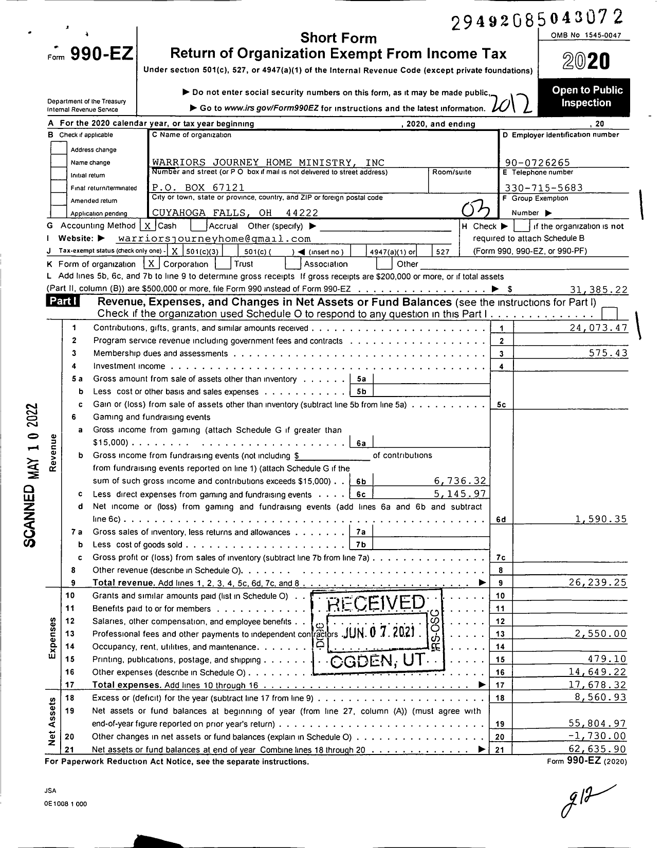 Image of first page of 2020 Form 990EZ for Warriors Journey Home Ministry