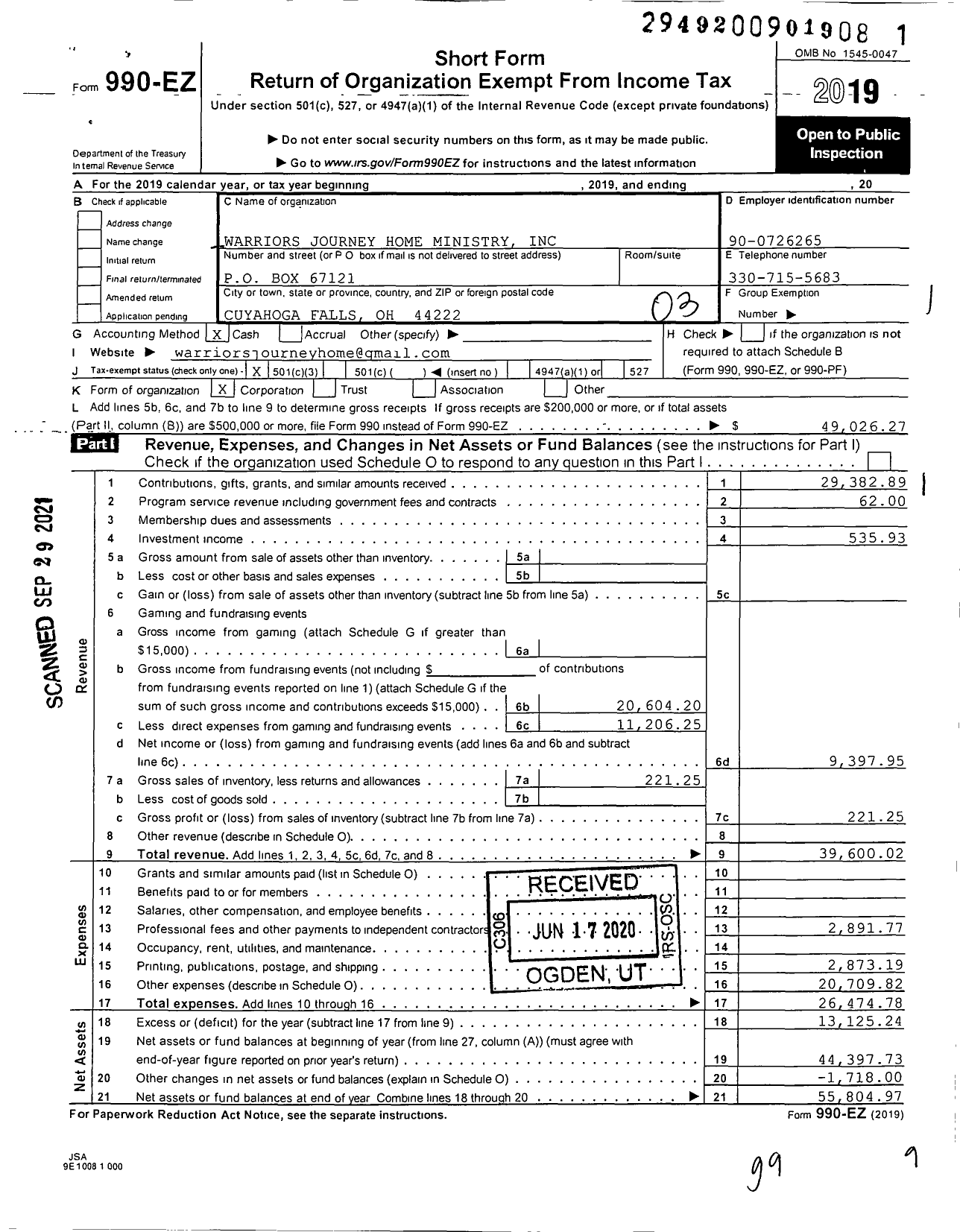 Image of first page of 2019 Form 990EZ for Warriors Journey Home Ministry