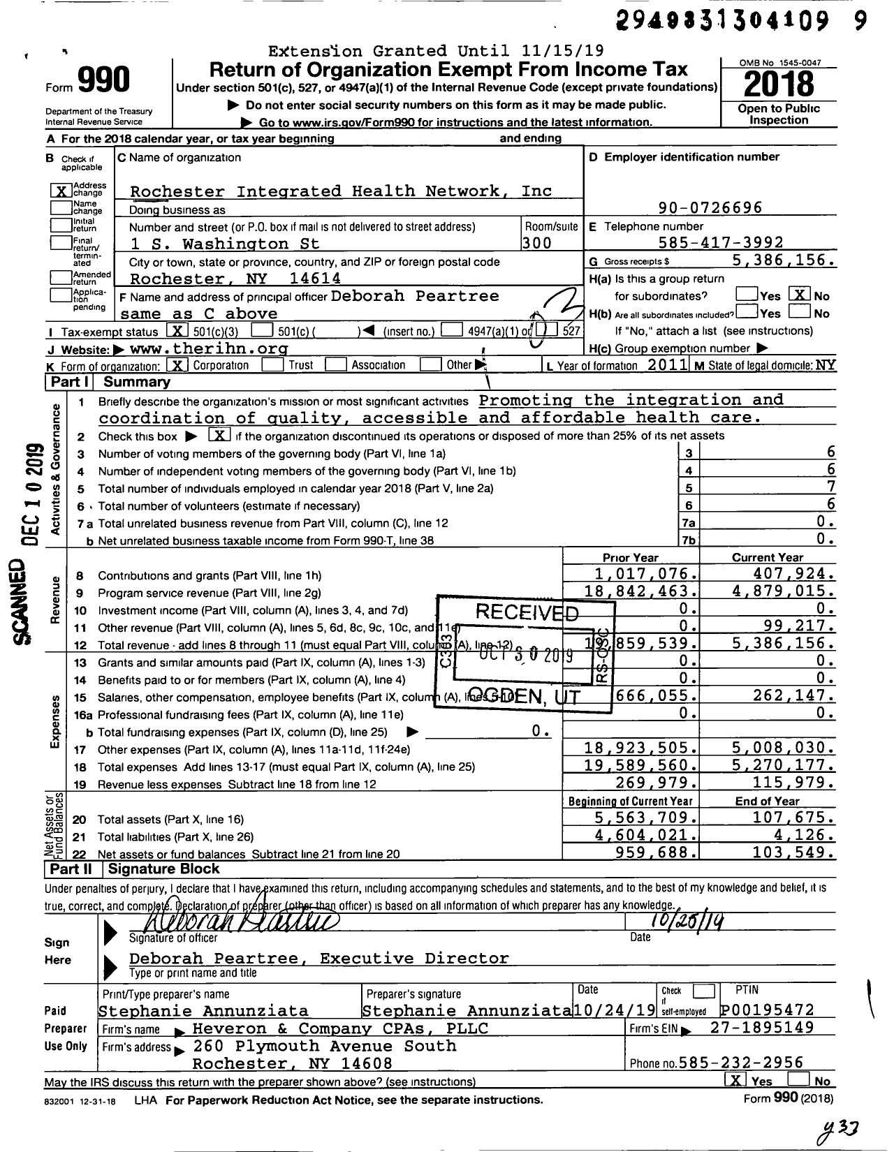 Image of first page of 2018 Form 990 for Rochester Integrated Health Network
