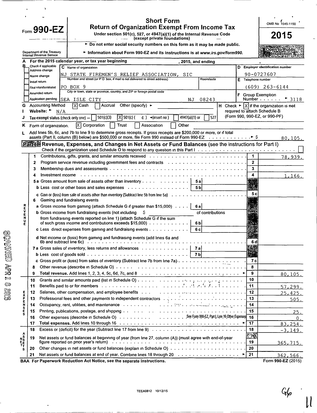 Image of first page of 2015 Form 990EO for New Jersey State Firemen's Association - Sea Isle City