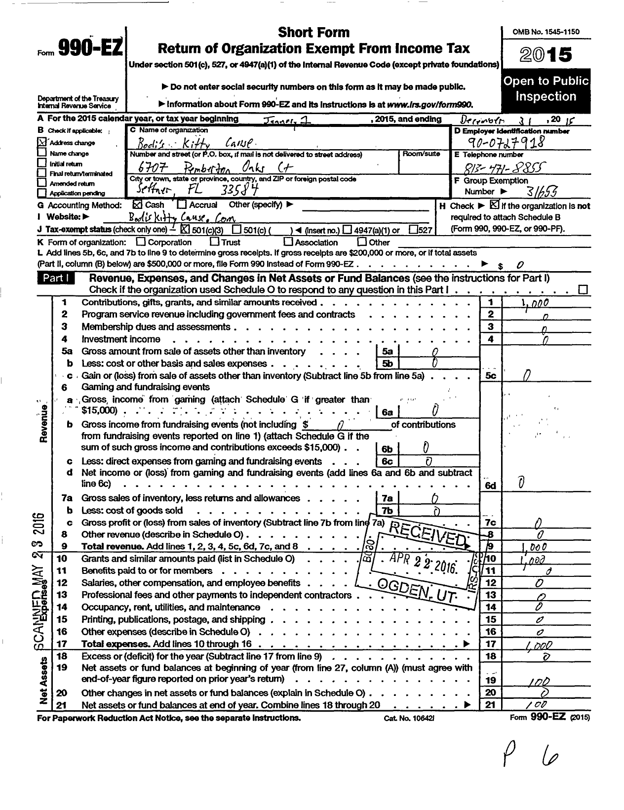 Image of first page of 2015 Form 990EZ for Bodis Kitty Cause