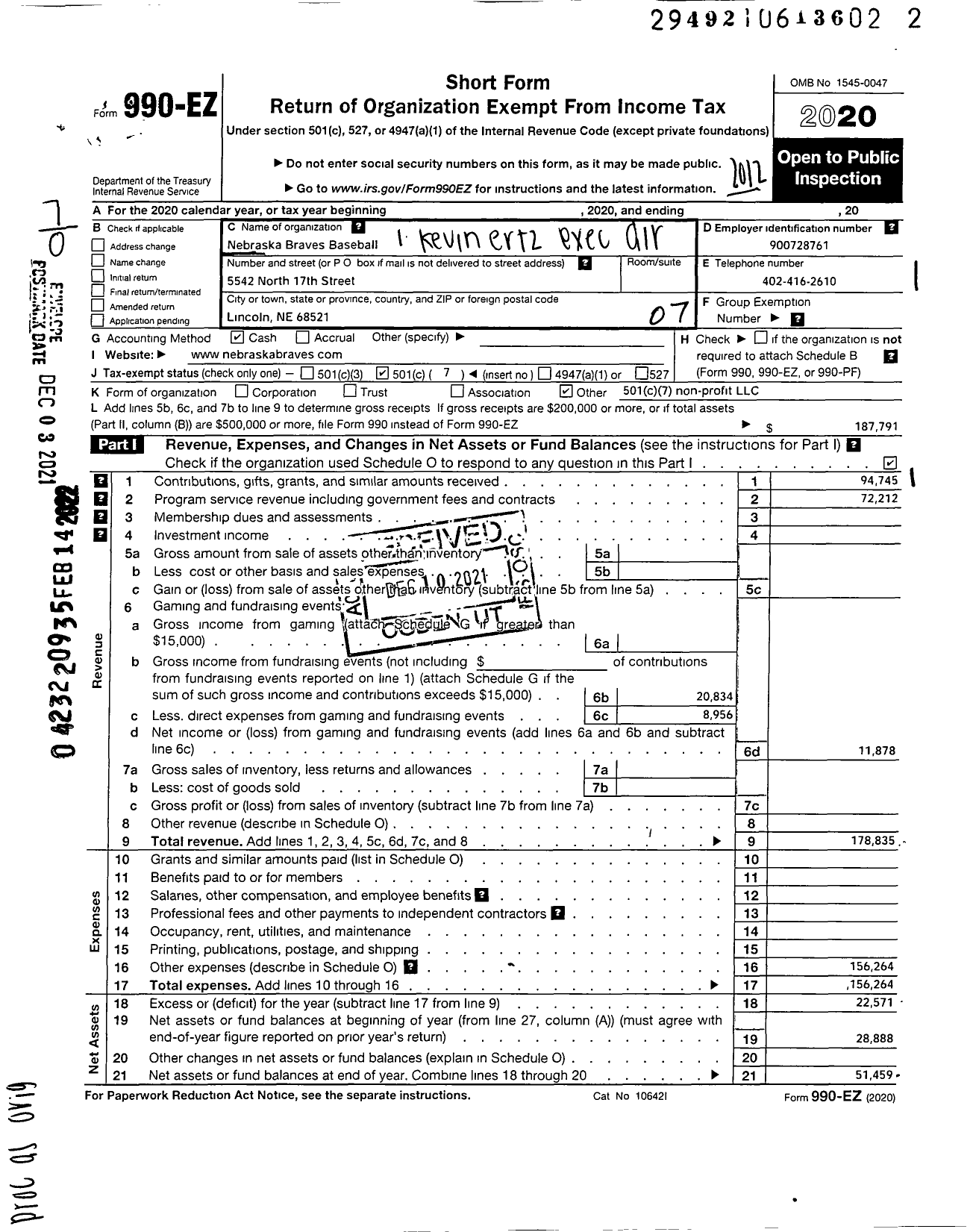 Image of first page of 2020 Form 990EO for Nebraska Braves Baseball