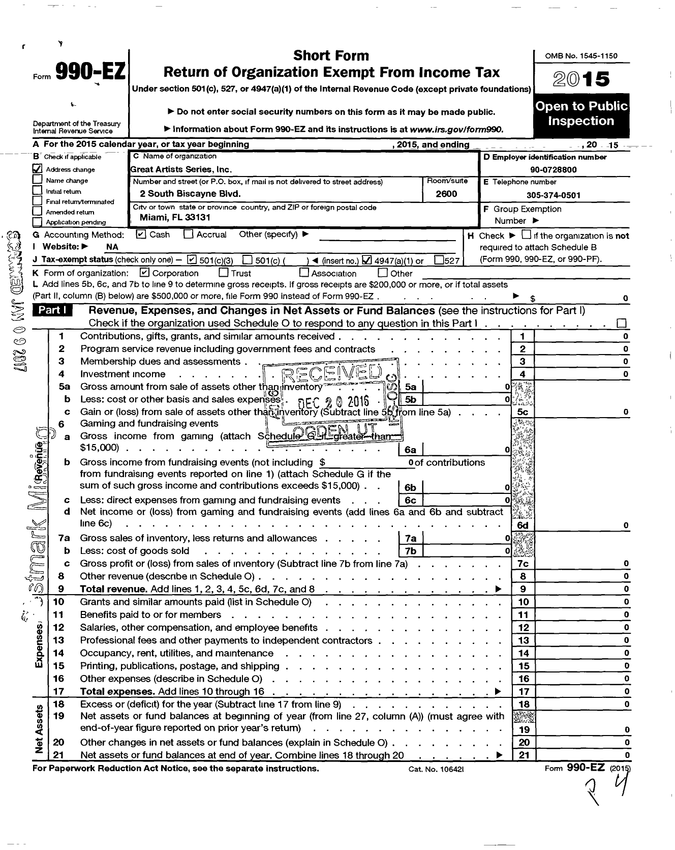 Image of first page of 2015 Form 990EZ for Great Artist Series