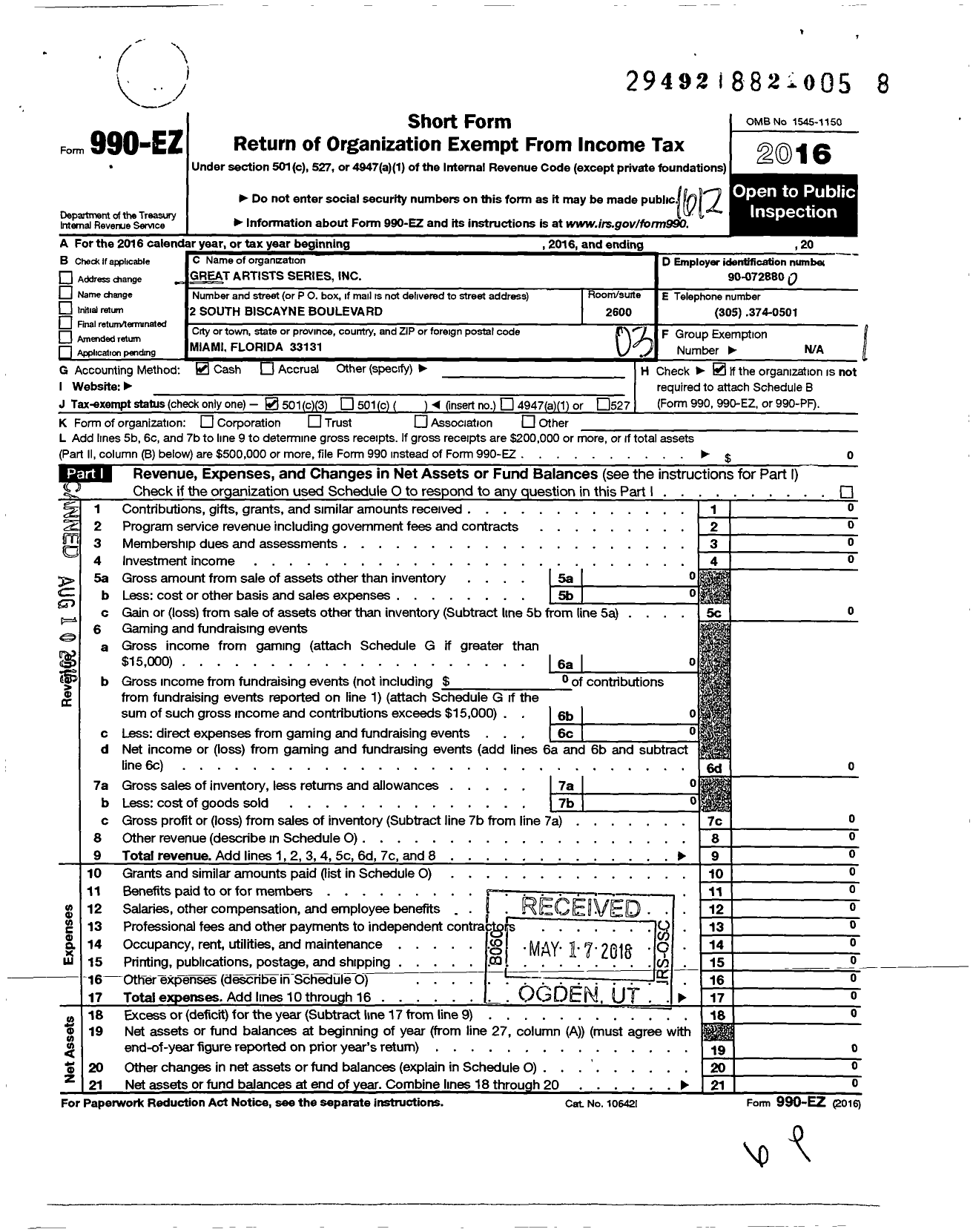 Image of first page of 2016 Form 990EZ for Great Artist Series