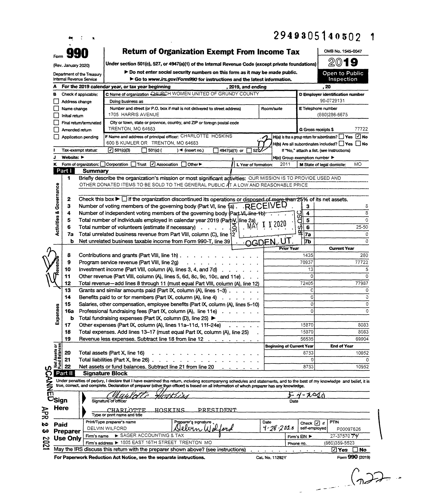 Image of first page of 2019 Form 990 for Church Women United of Grundy County