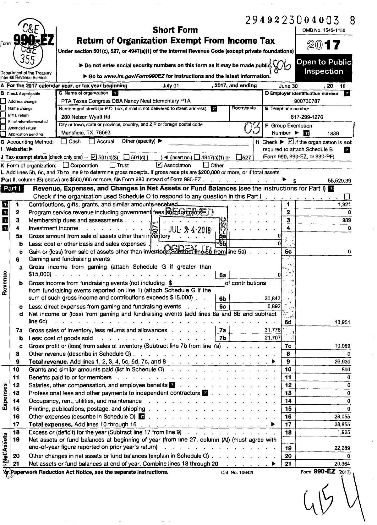 Image of first page of 2017 Form 990EZ for Texas PTA - 2241539 Nancy Neal Elementary PTA