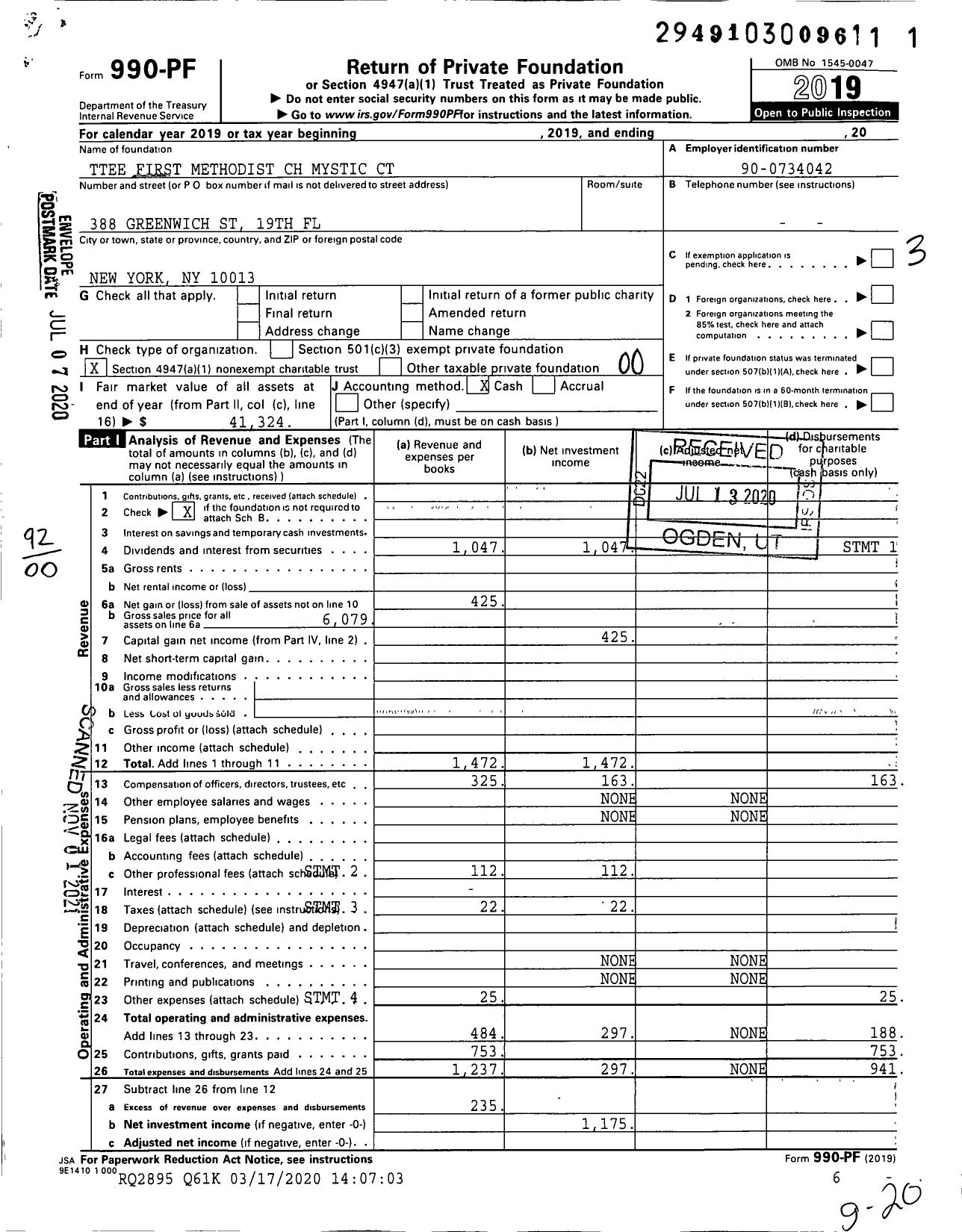 Image of first page of 2019 Form 990PF for Trustees First Methodist CH Mystic CT