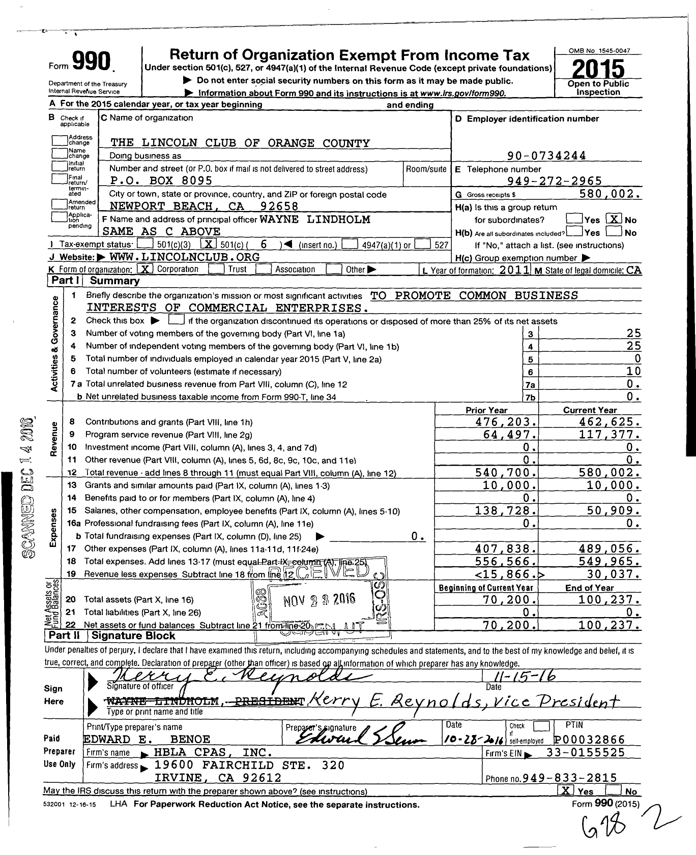 Image of first page of 2015 Form 990O for The Lincoln Club of Orange County