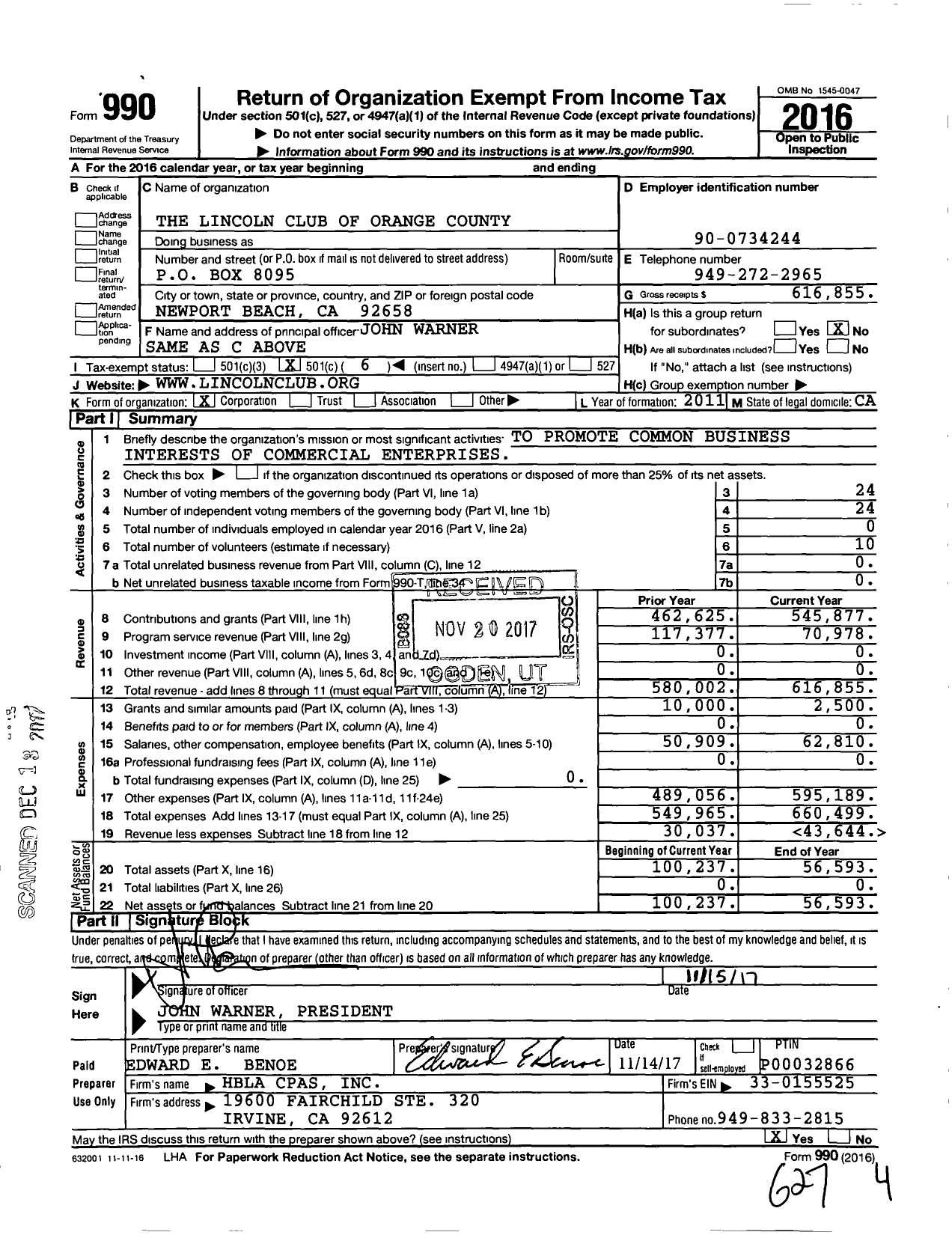 Image of first page of 2016 Form 990O for The Lincoln Club of Orange County