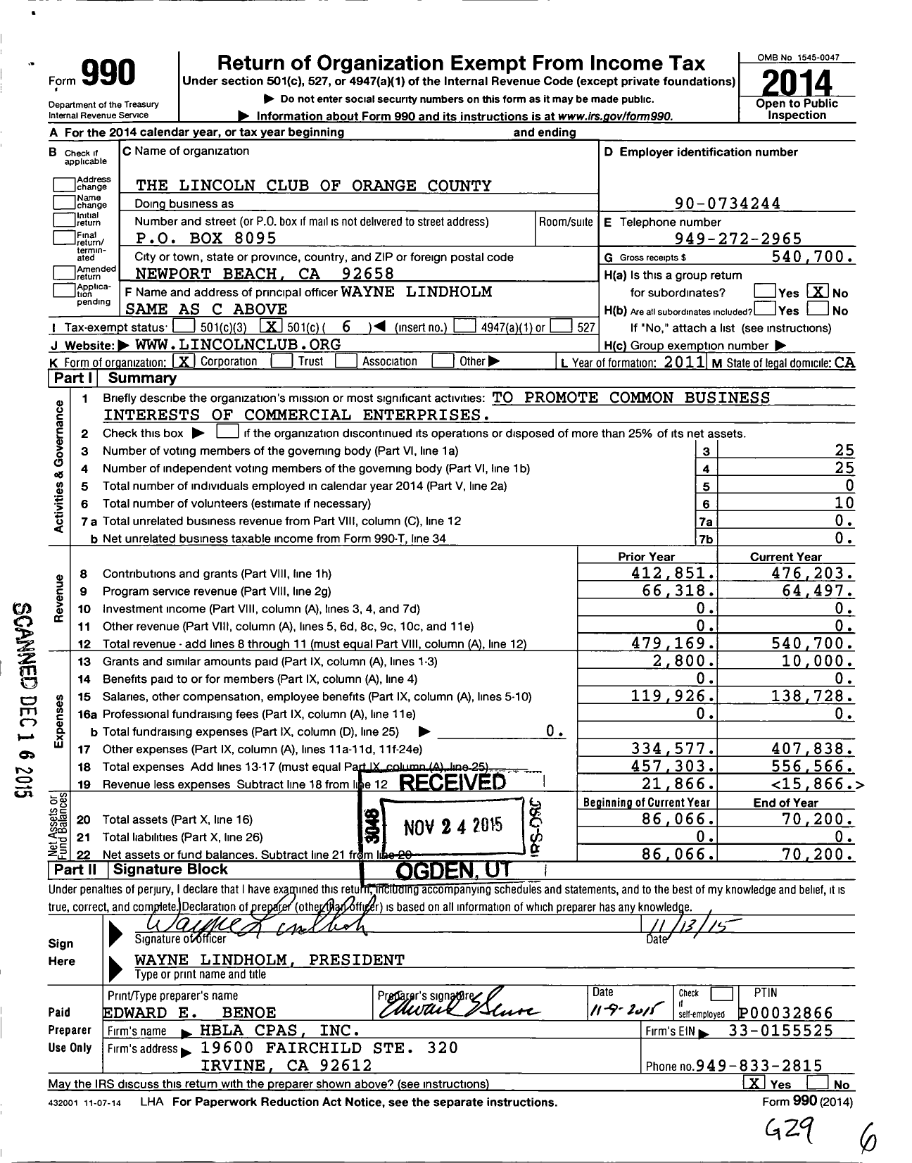 Image of first page of 2014 Form 990O for The Lincoln Club of Orange County