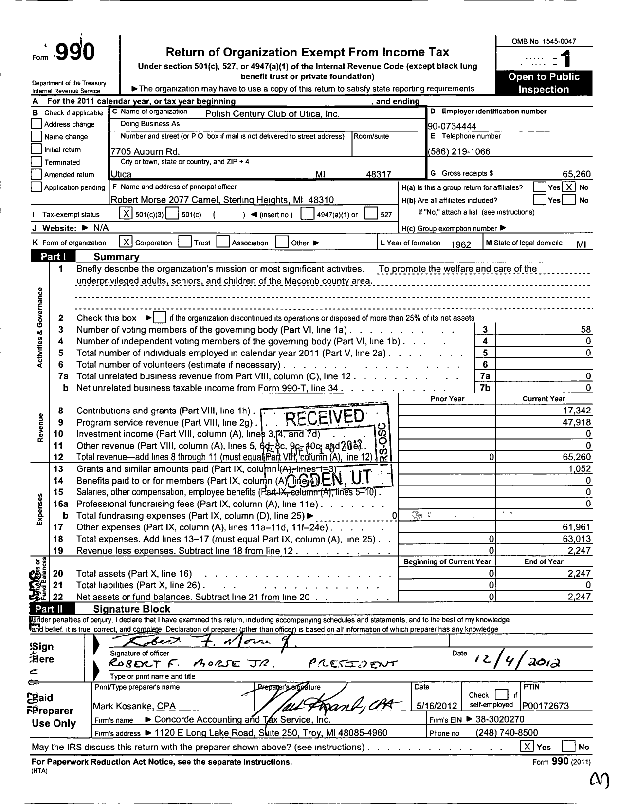 Image of first page of 2011 Form 990 for Polish Century Club of Utica