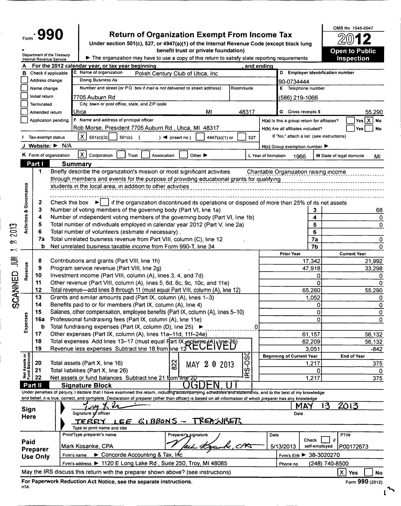 Image of first page of 2012 Form 990 for Polish Century Club of Utica