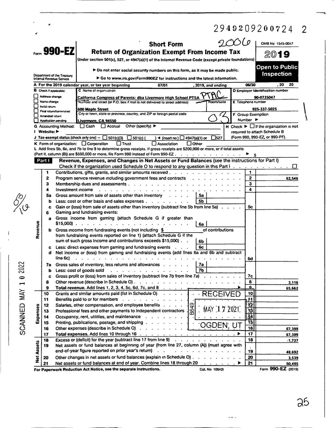 Image of first page of 2019 Form 990EZ for CALIFORNIA State PTA - Livermore High School PTSA