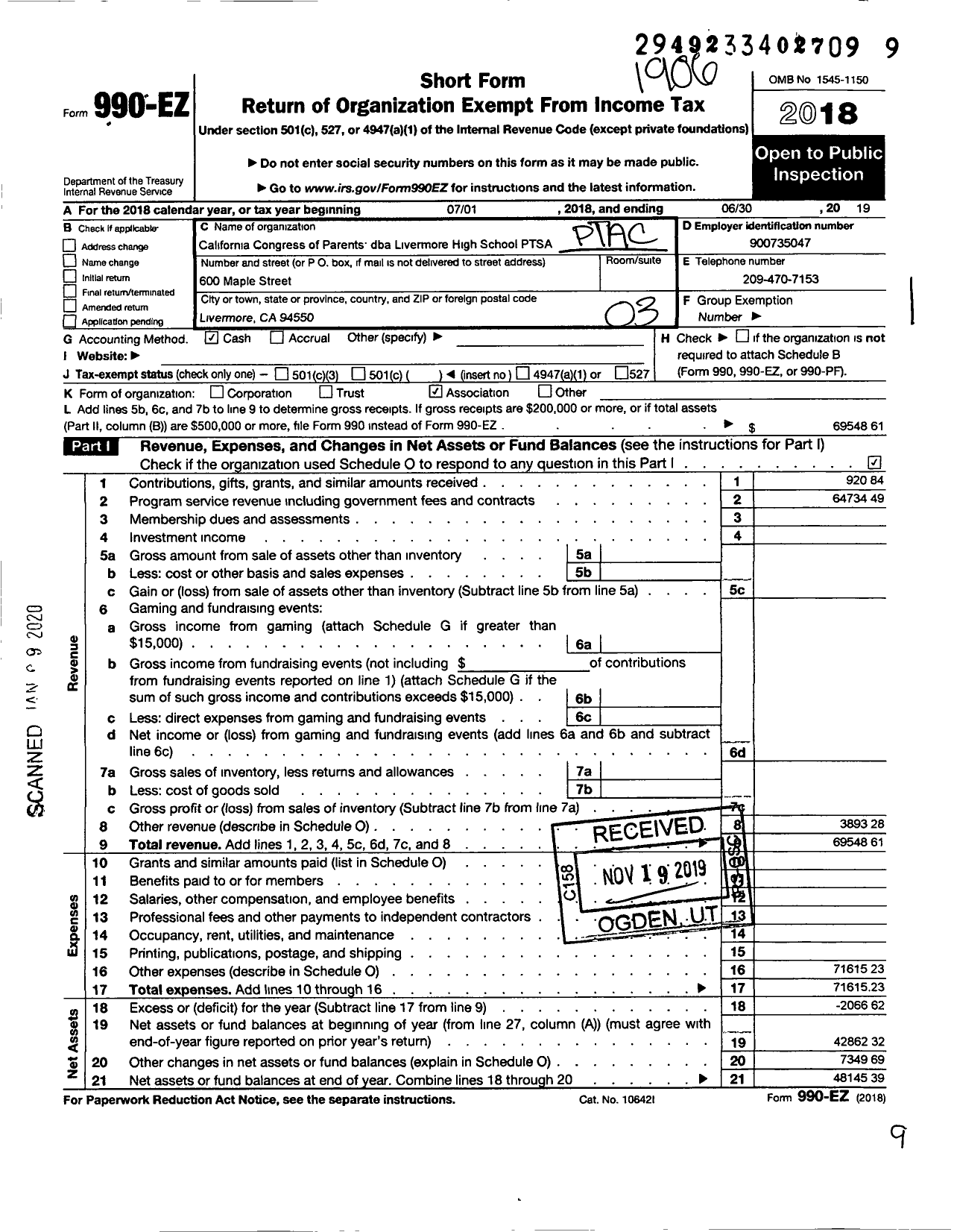 Image of first page of 2018 Form 990EZ for CALIFORNIA State PTA - Livermore High School PTSA