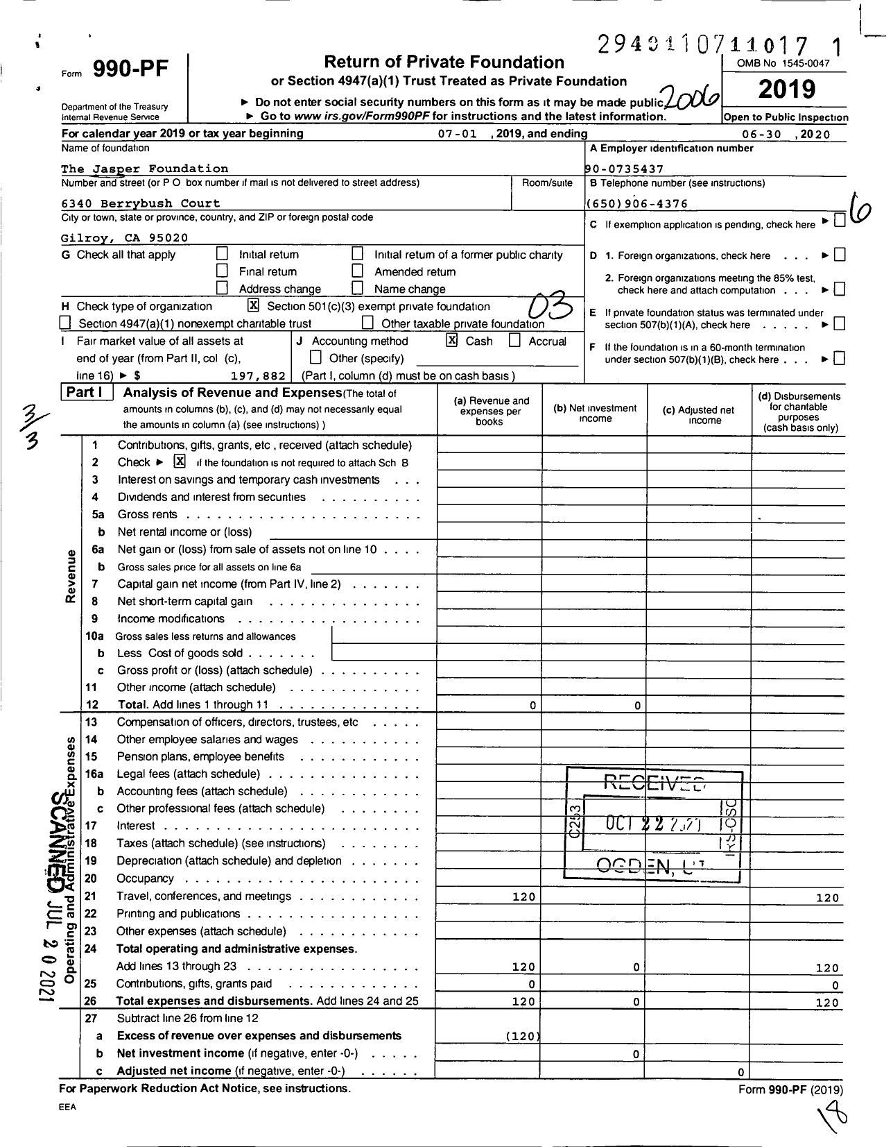 Image of first page of 2019 Form 990PF for The Jasper Foundation