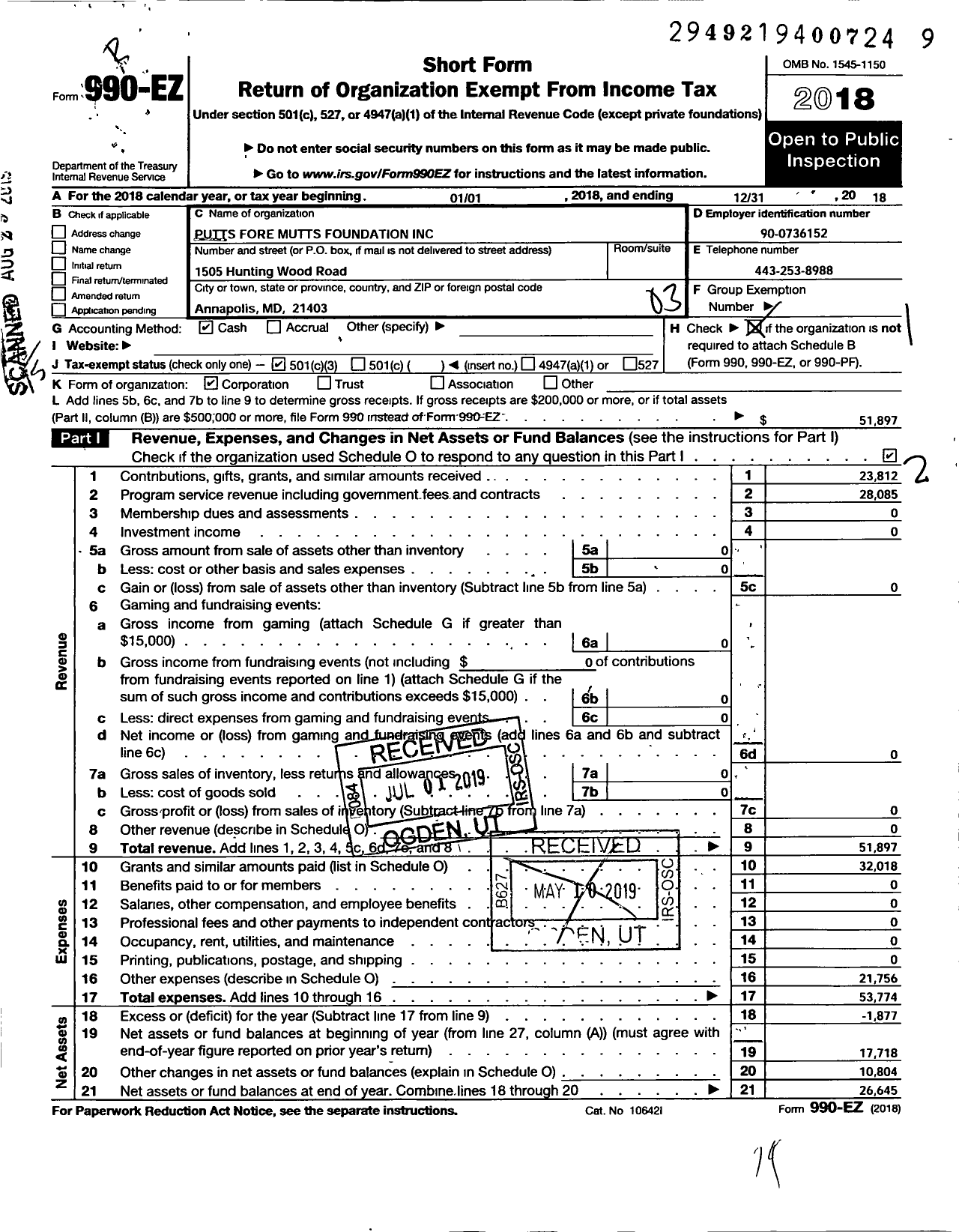 Image of first page of 2018 Form 990EZ for Putts Fore Mutts Foundation