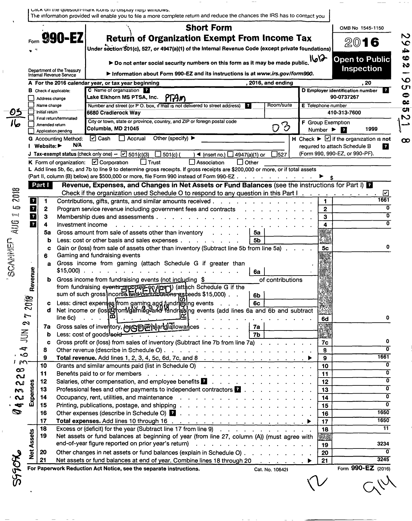 Image of first page of 2016 Form 990EZ for PTA Maryland Congress of Parent and Teachers / Lake Elkhorn Middle School Ptsa