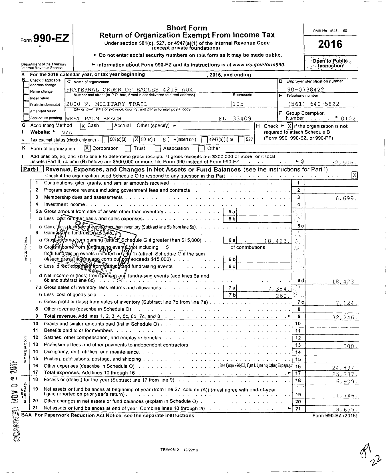 Image of first page of 2016 Form 990EO for Fraternal Order of Eagles - 4219 Aux