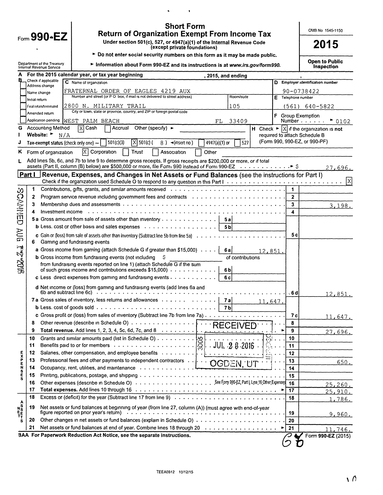 Image of first page of 2015 Form 990EO for Fraternal Order of Eagles - 4219 Aux