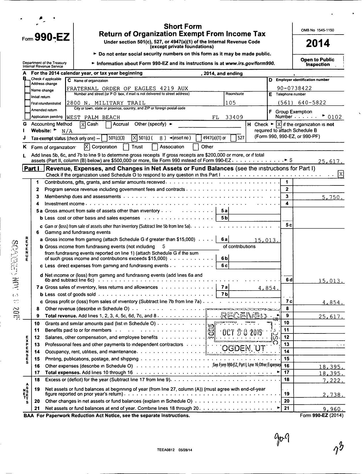 Image of first page of 2014 Form 990EO for Fraternal Order of Eagles - 4219 Aux